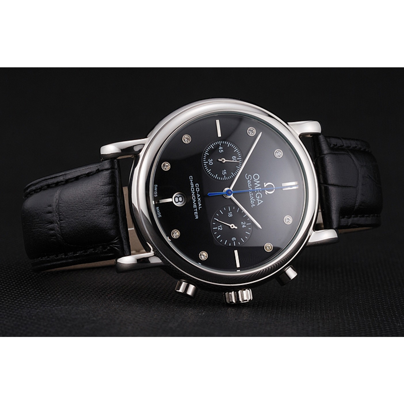 MiroTime Omega Seamaster Vintage Chronograph Black Dial Diamond Hour Marks Stainless Steel Case Black Leather Strap