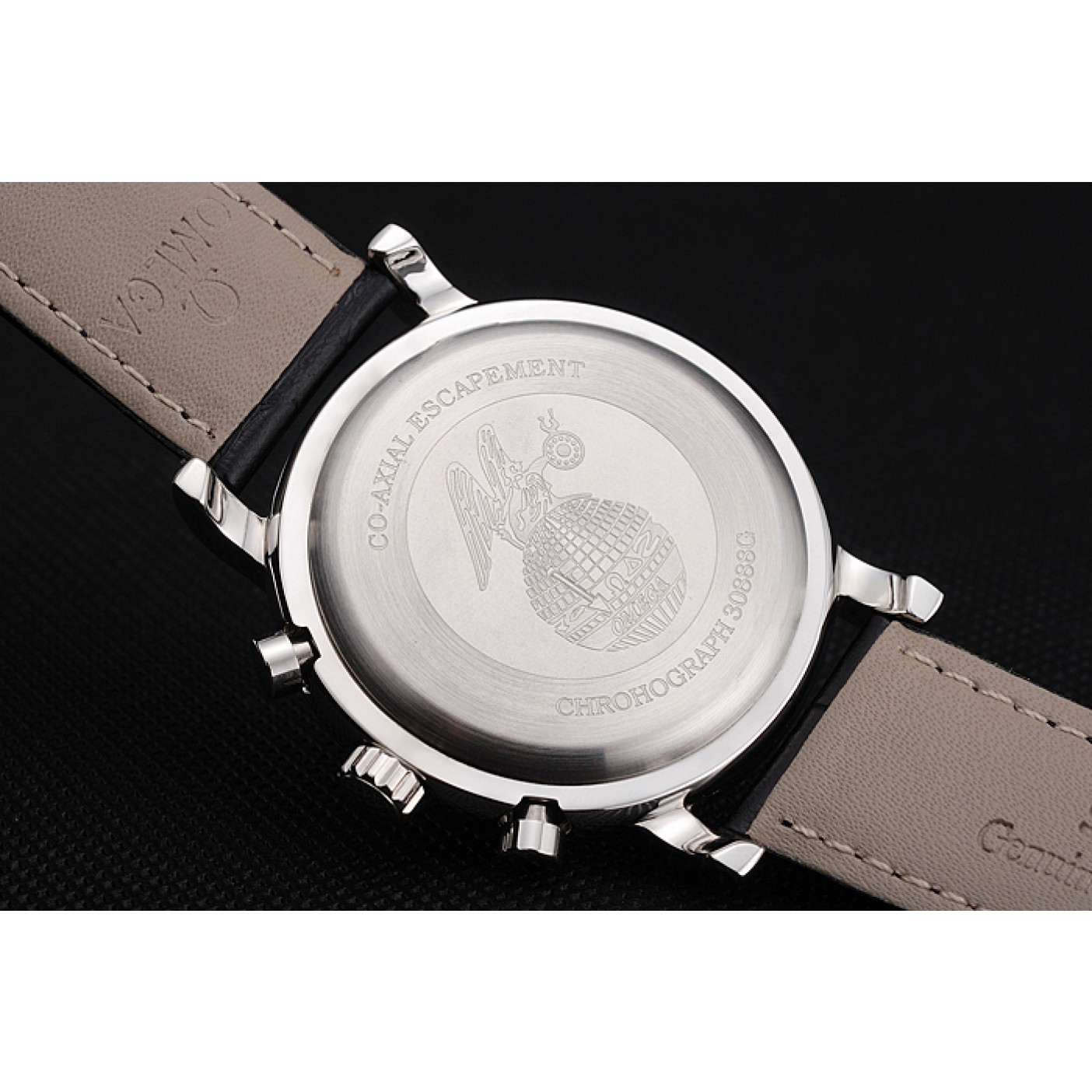 MiroTime Omega Seamaster Vintage Chronograph Black Dial Diamond Hour Marks Stainless Steel Case Black Leather Strap