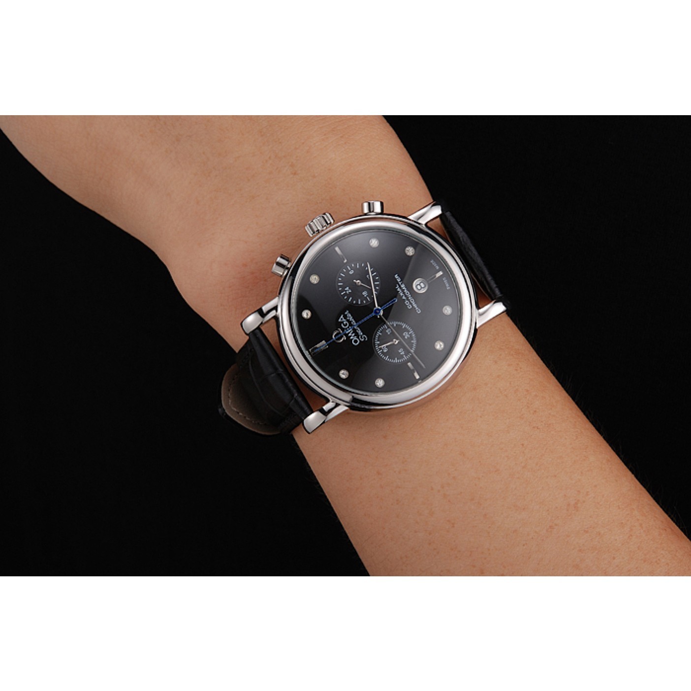 MiroTime Omega Seamaster Vintage Chronograph Black Dial Diamond Hour Marks Stainless Steel Case Black Leather Strap