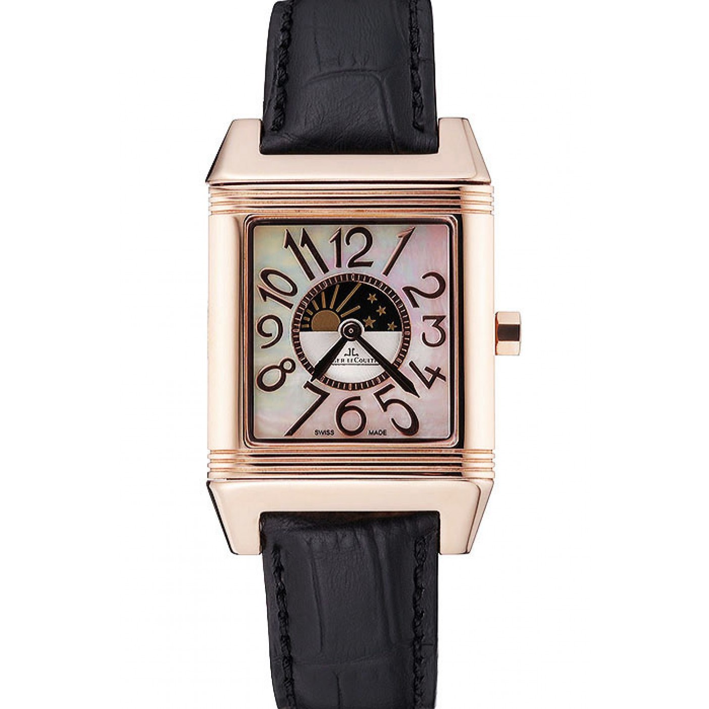 MiroTime Jaeger le Coultre Reverso Squadro Lady Black Leather Strap Pearl Dial 41966