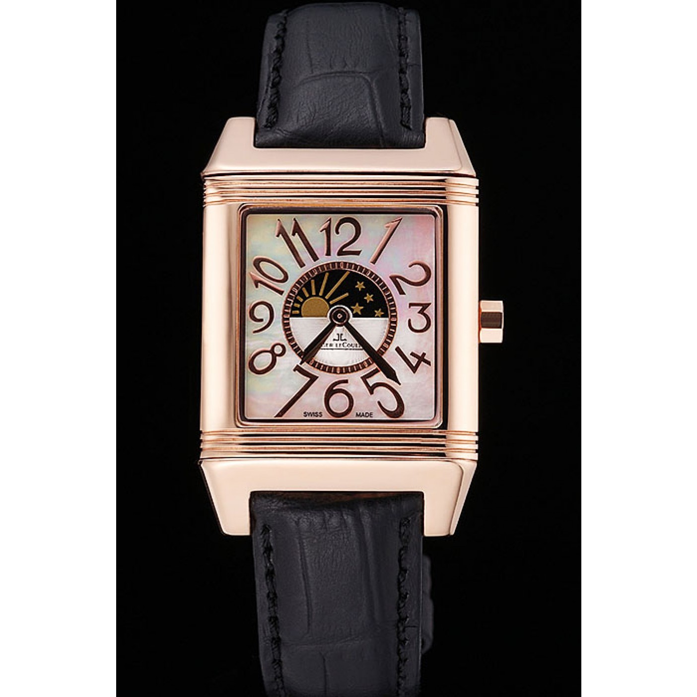 MiroTime Jaeger le Coultre Reverso Squadro Lady Black Leather Strap Pearl Dial 41966