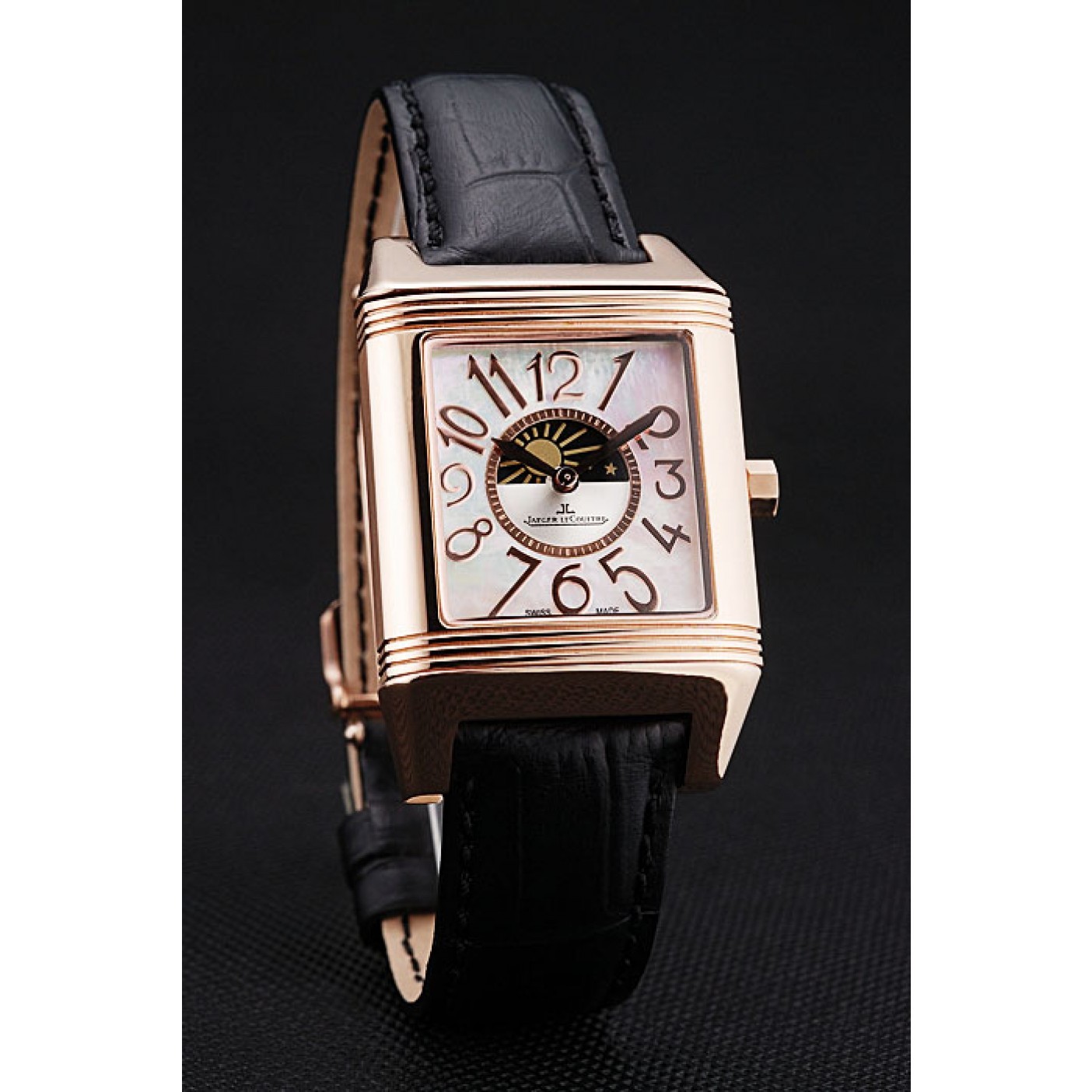 MiroTime Jaeger le Coultre Reverso Squadro Lady Black Leather Strap Pearl Dial 41966