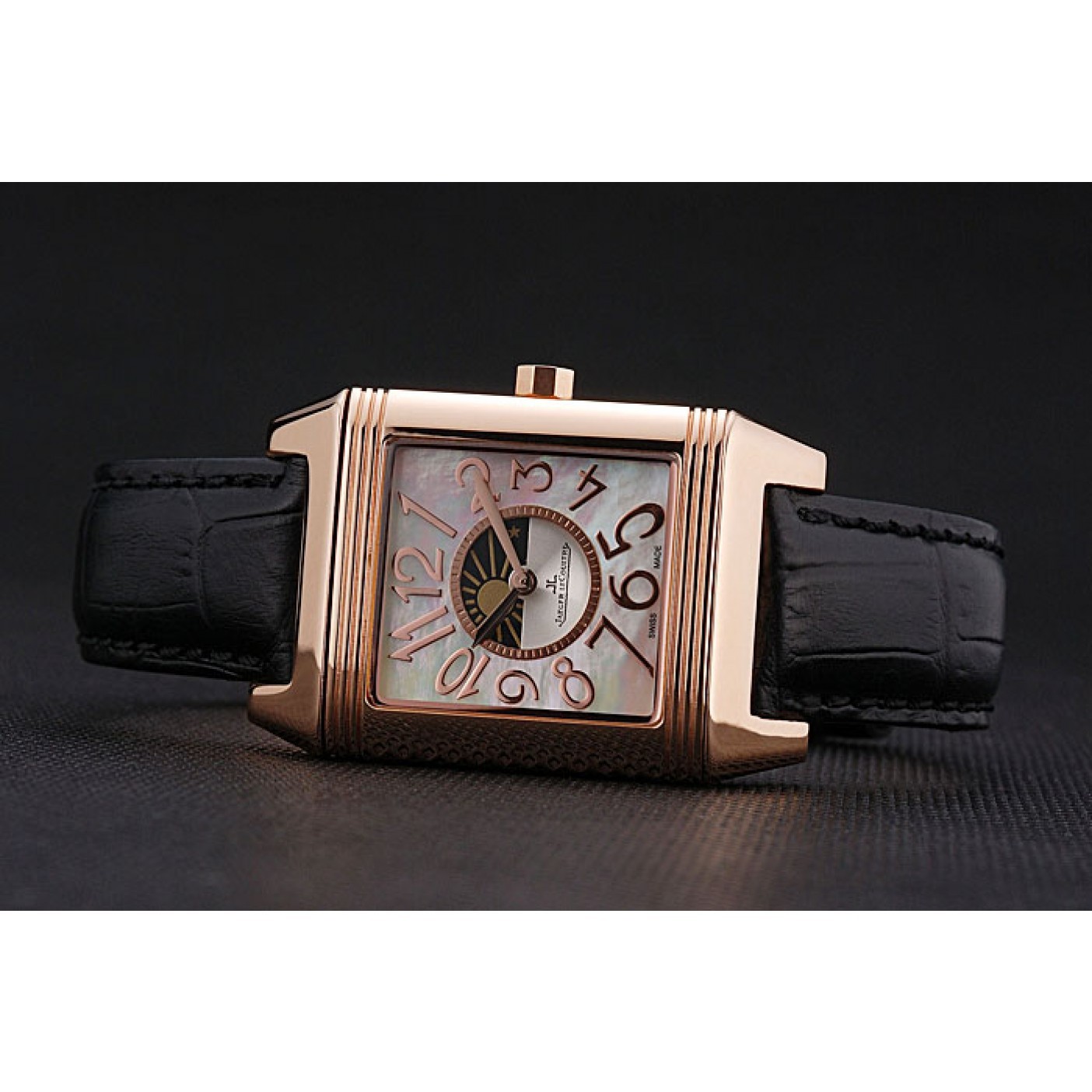 MiroTime Jaeger le Coultre Reverso Squadro Lady Black Leather Strap Pearl Dial 41966