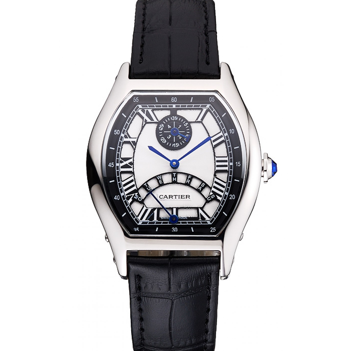 MiroTime Cartier Tortue Perpetual Calendar White Dial Stainless Steel Case Black Leather Strap
