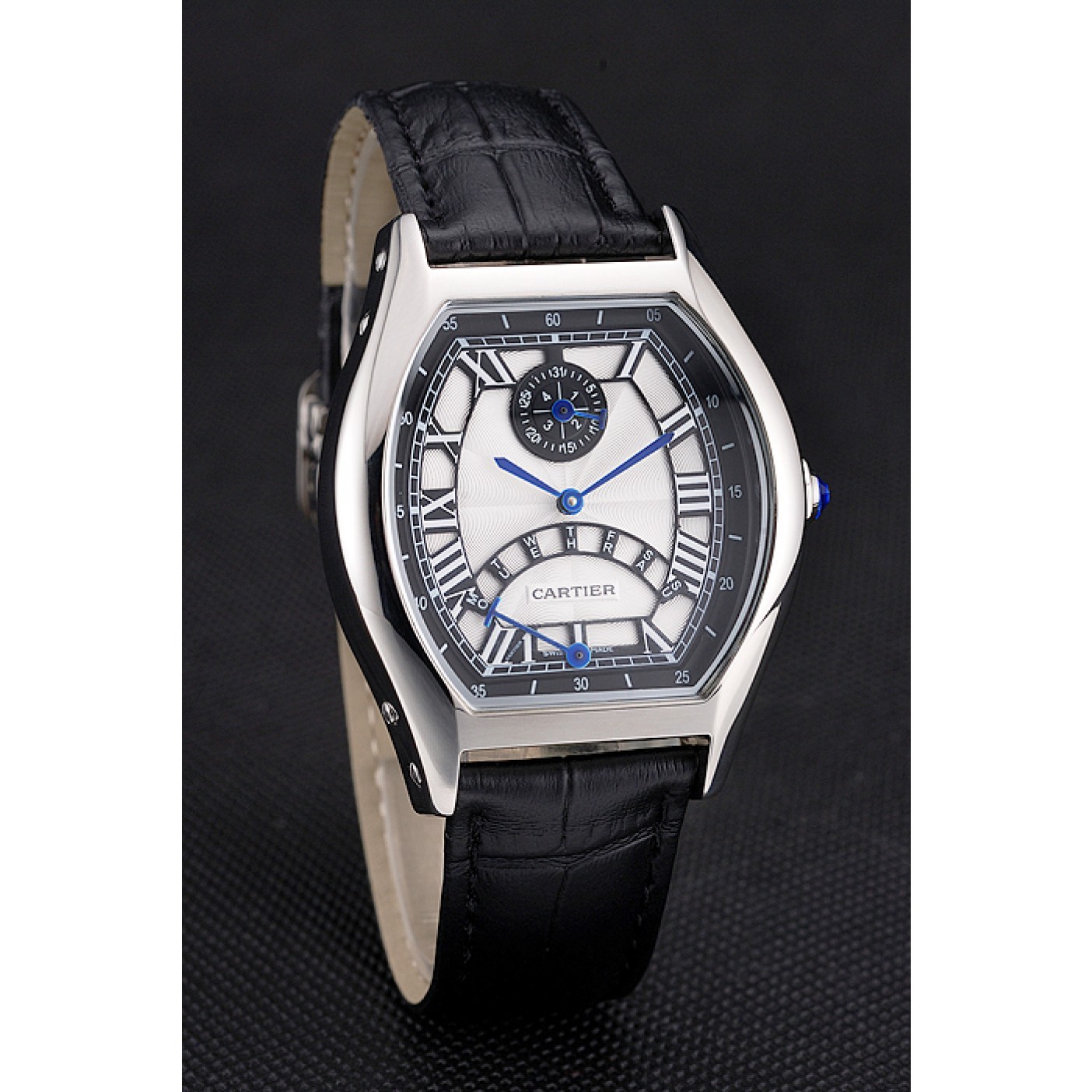 MiroTime Cartier Tortue Perpetual Calendar White Dial Stainless Steel Case Black Leather Strap