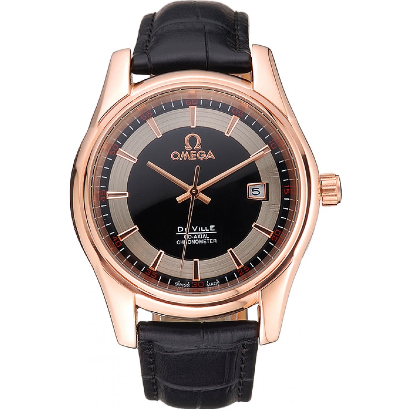 MiroTime Omega DeVille Black Crocodile Leather Bracelet Black Dial Watch
