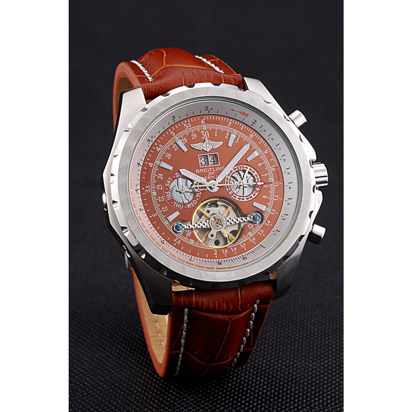 MiroTime Breitling Bentley Mulliner Tourbillon Brown Dial Stainless Steel Case Brown Leather Strap 622727