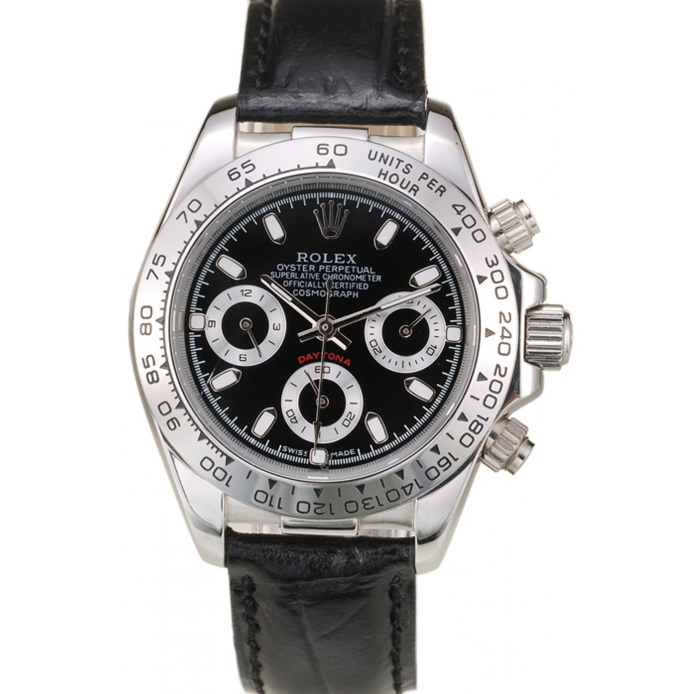 MiroTime Rolex Daytona Lady Stainless Steel Case Black Dial Black Leather Strap Tachymeter