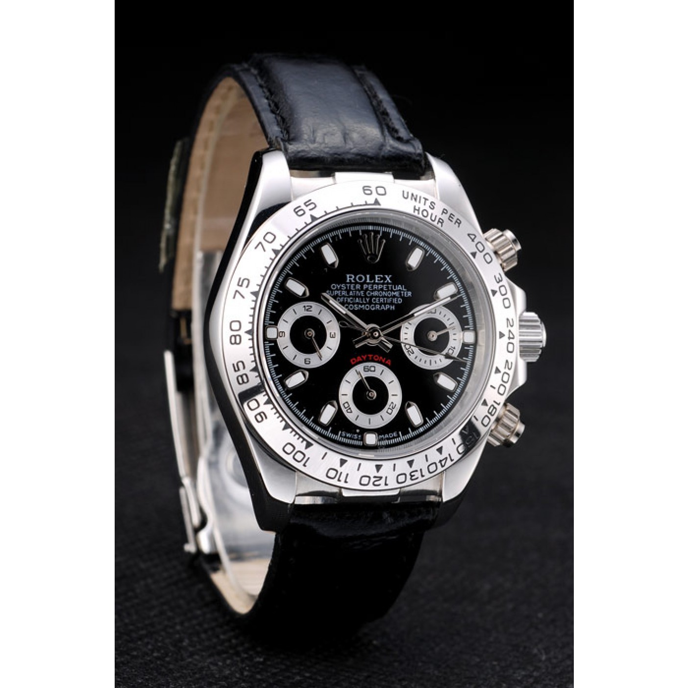 MiroTime Rolex Daytona Lady Stainless Steel Case Black Dial Black Leather Strap Tachymeter