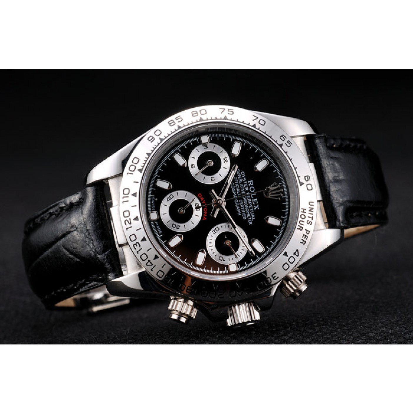 MiroTime Rolex Daytona Lady Stainless Steel Case Black Dial Black Leather Strap Tachymeter