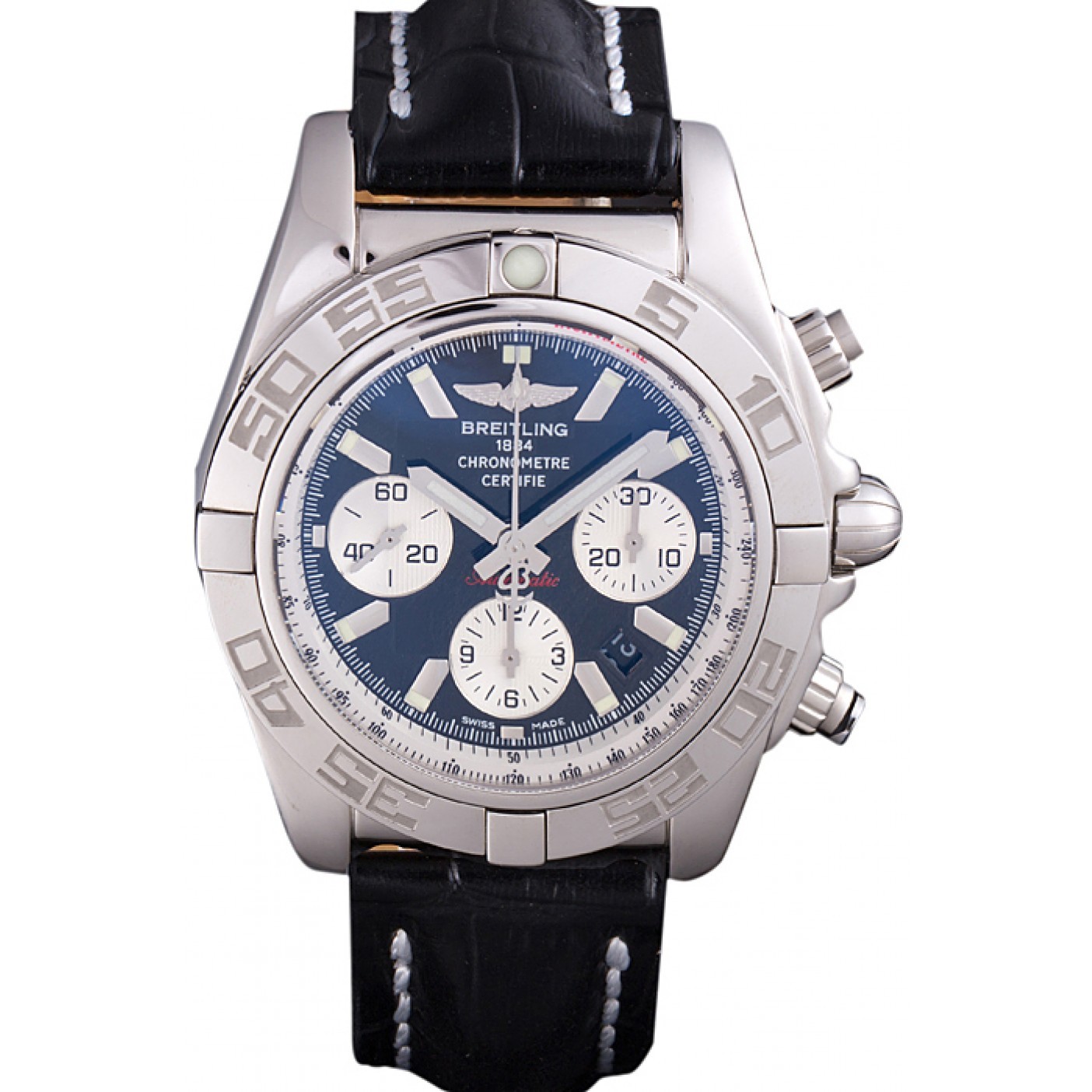 MiroTime Swiss Breitling Chronomat Black Dial with Black Leather Band 621520