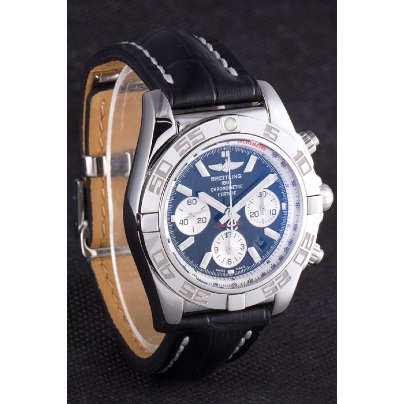 MiroTime Swiss Breitling Chronomat Black Dial with Black Leather Band 621520