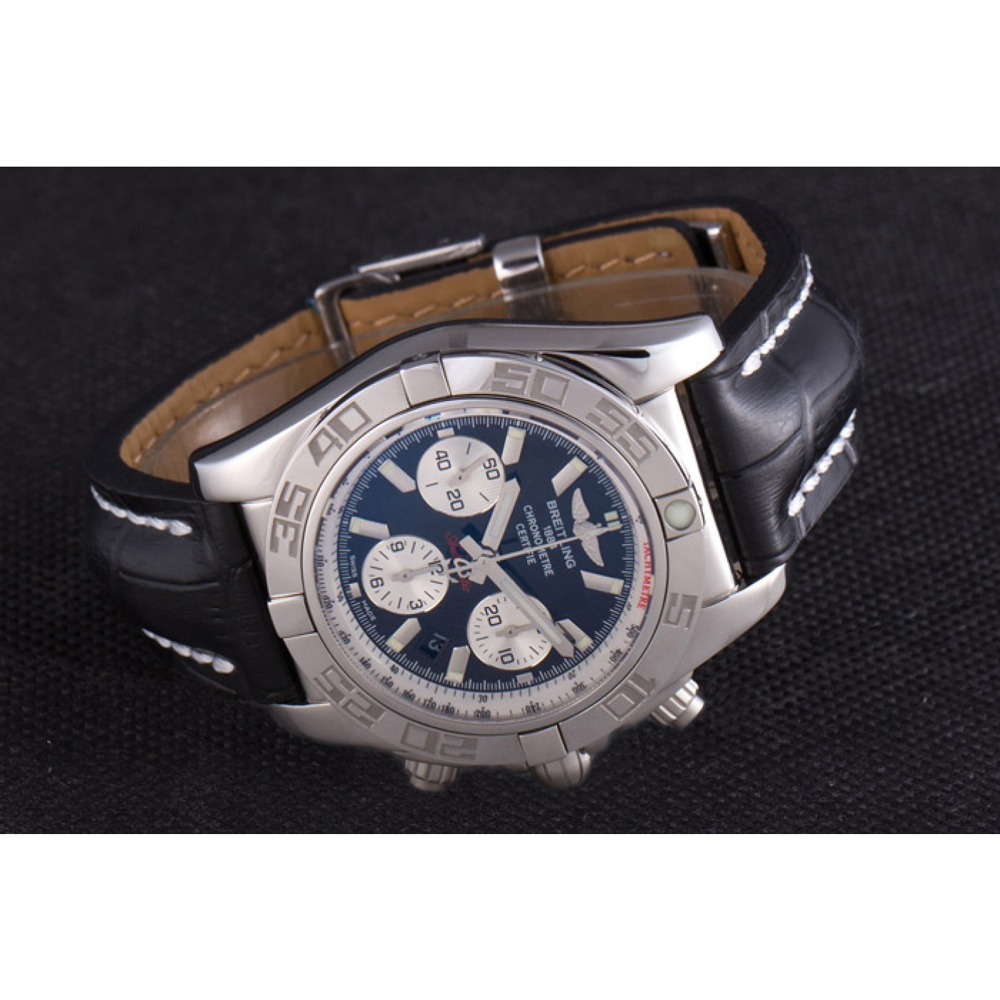 MiroTime Swiss Breitling Chronomat Black Dial with Black Leather Band 621520