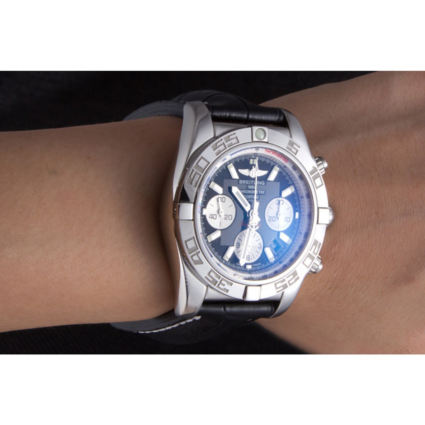 MiroTime Swiss Breitling Chronomat Black Dial with Black Leather Band 621520