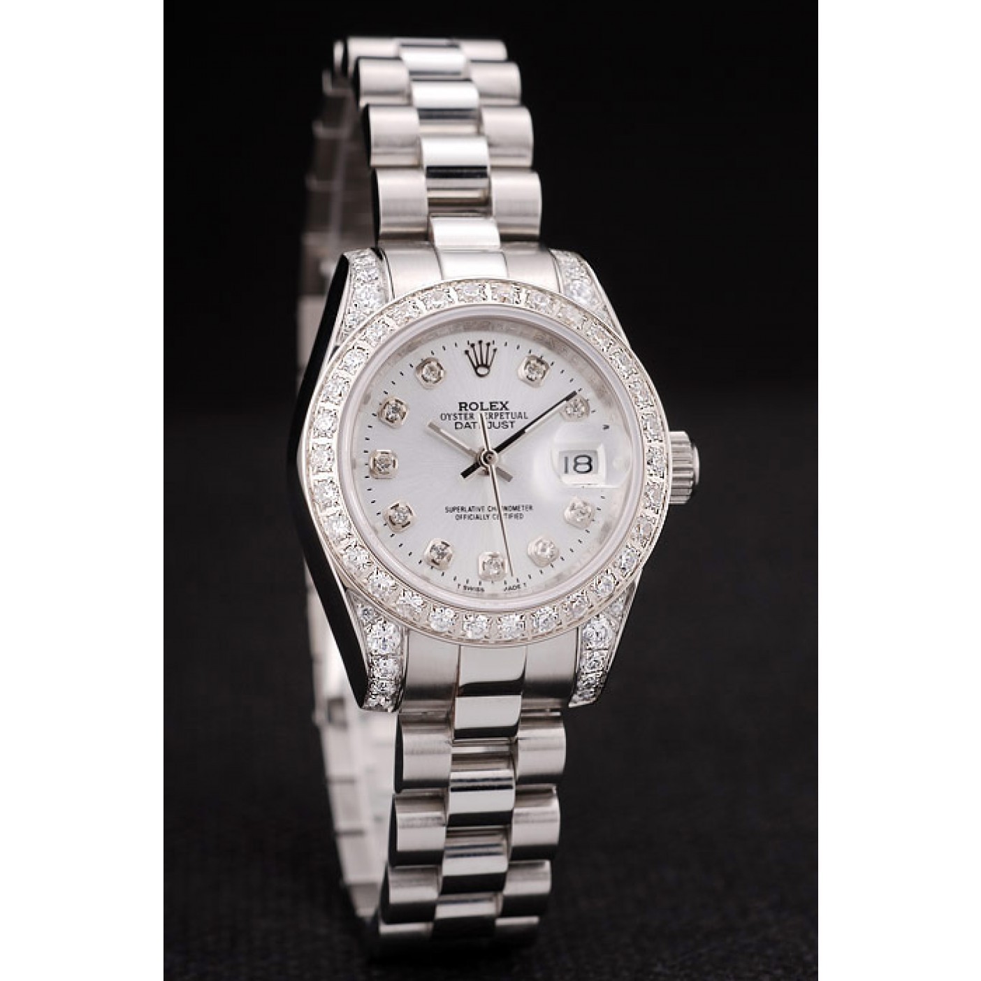 MiroTime Rolex DateJust Brushed Stainless Steel Diamond Plated Case White Dial Diamond Plated Bezel