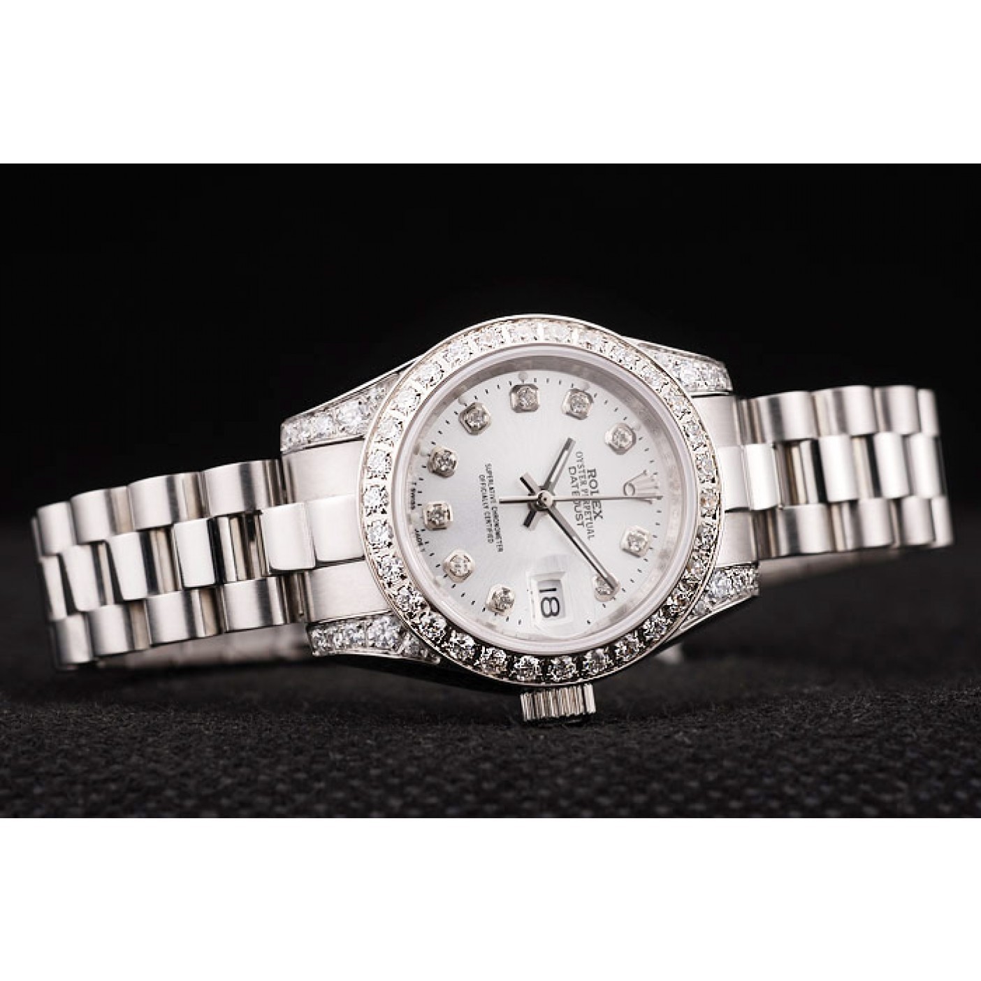 MiroTime Rolex DateJust Brushed Stainless Steel Diamond Plated Case White Dial Diamond Plated Bezel