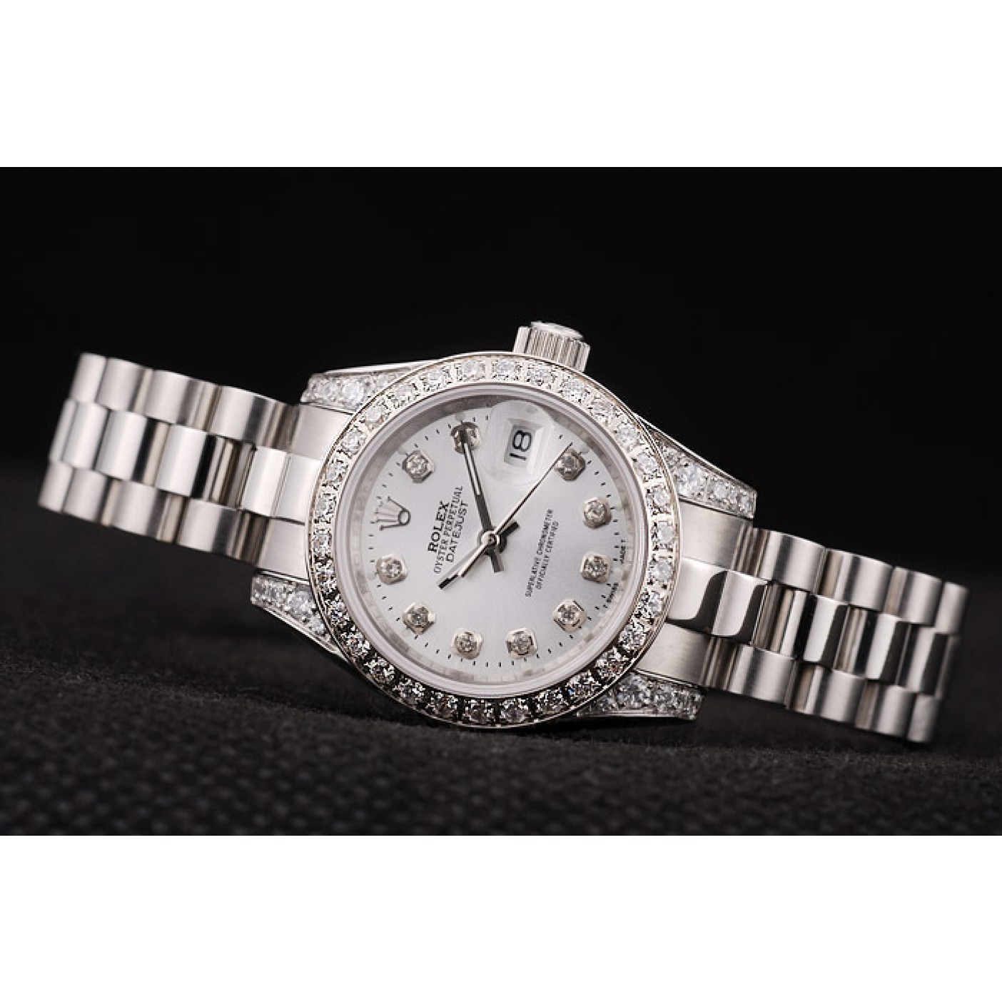 MiroTime Rolex DateJust Brushed Stainless Steel Diamond Plated Case White Dial Diamond Plated Bezel