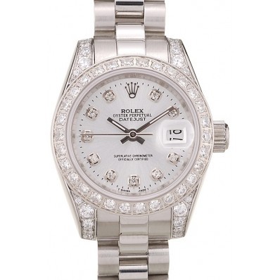 MiroTime Rolex DateJust Brushed Stainless Steel Diamond Plated Case White Dial Diamond Plated Bezel