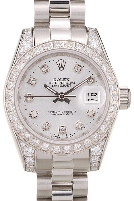 MiroTime Rolex DateJust Brushed Stainless Steel Diamond Plated Case White Dial Diamond Plated Bezel