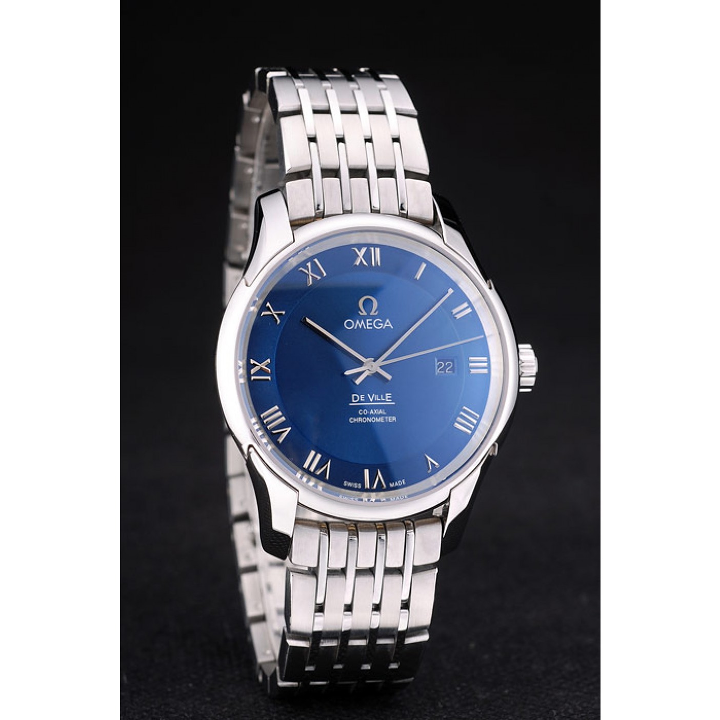 MiroTime Omega Swiss DeVille Stainless Steel Bezel Roman Numbers Blue Dial 7612