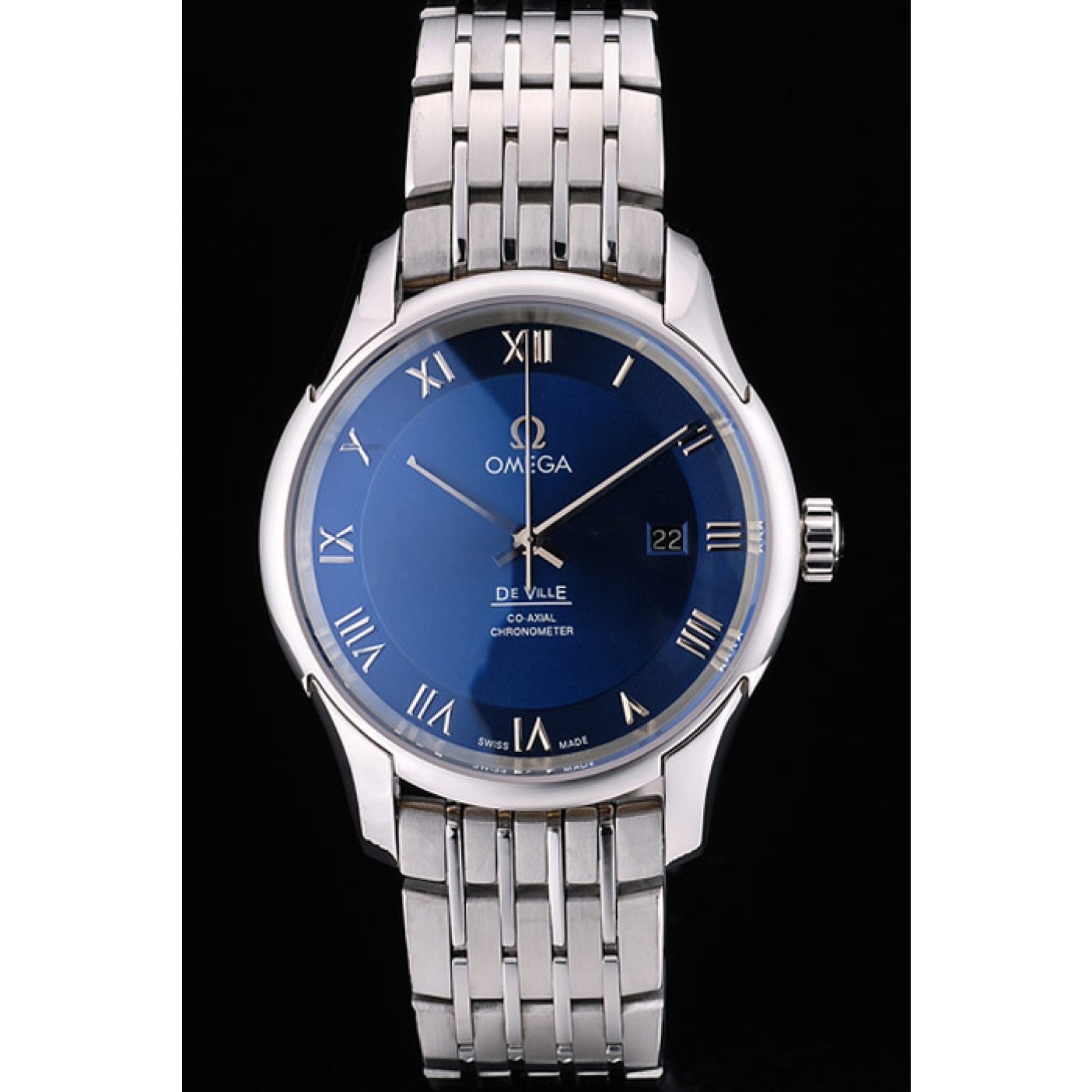 MiroTime Omega Swiss DeVille Stainless Steel Bezel Roman Numbers Blue Dial 7612