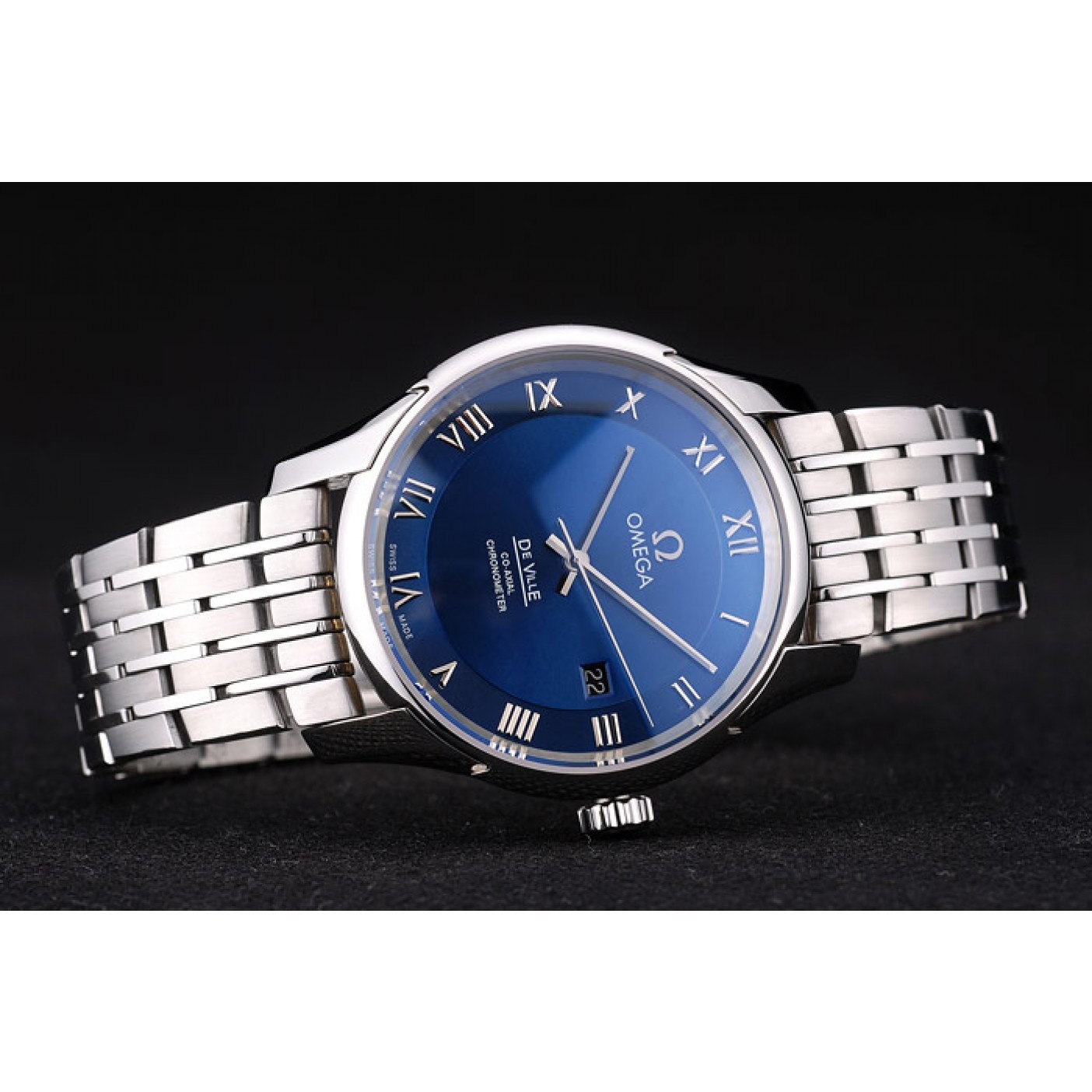MiroTime Omega Swiss DeVille Stainless Steel Bezel Roman Numbers Blue Dial 7612