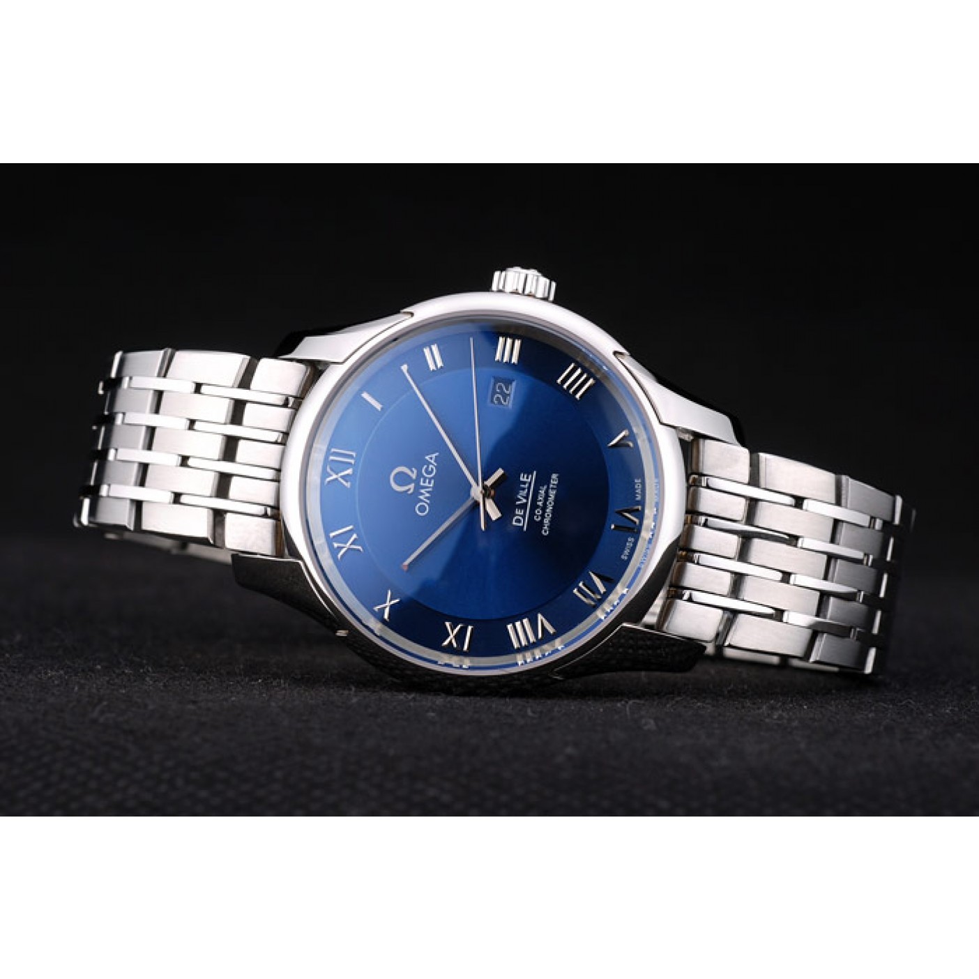 MiroTime Omega Swiss DeVille Stainless Steel Bezel Roman Numbers Blue Dial 7612