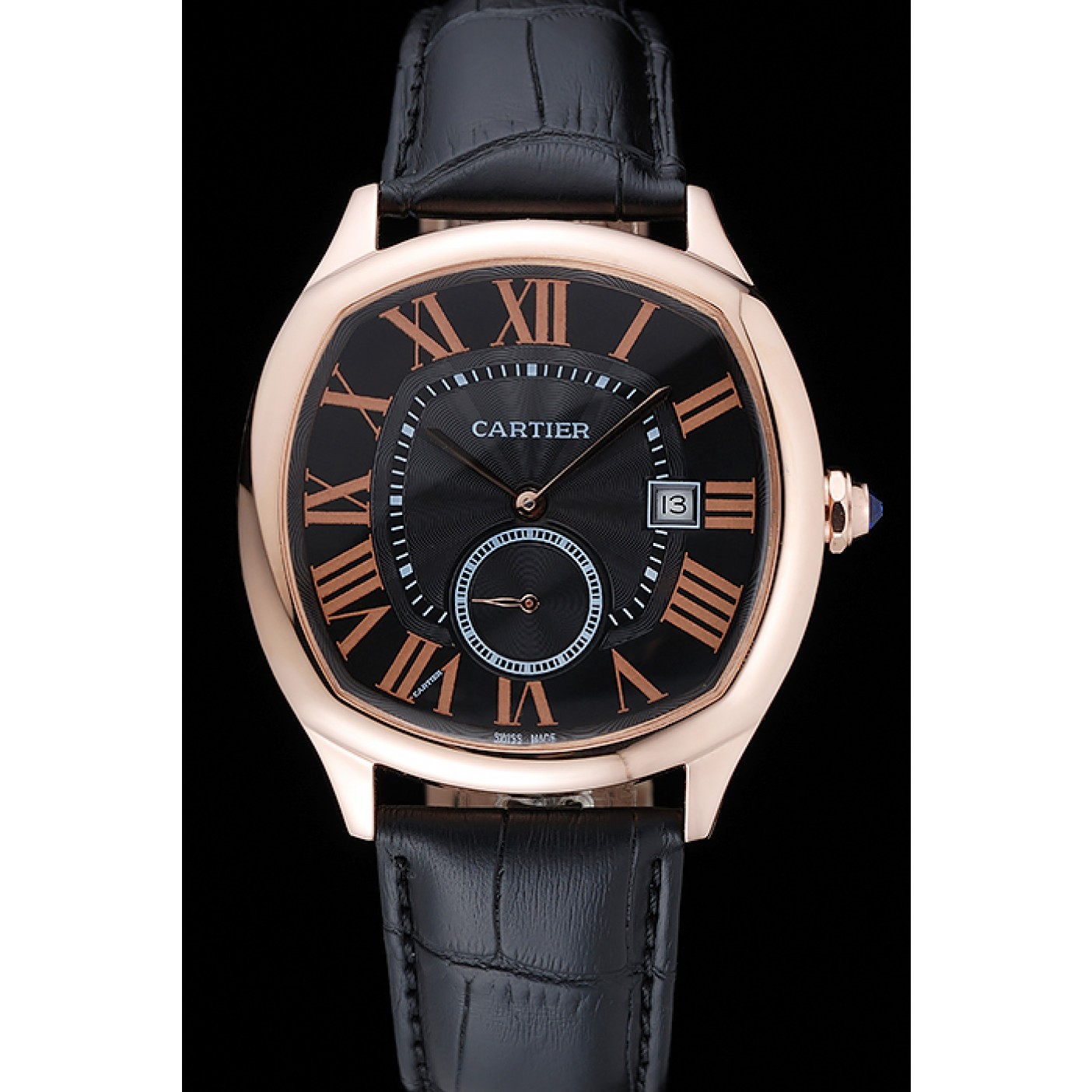 MiroTime Cartier Drive De Cartier Black Dial Gold Case Black Leather Bracelet 1454214