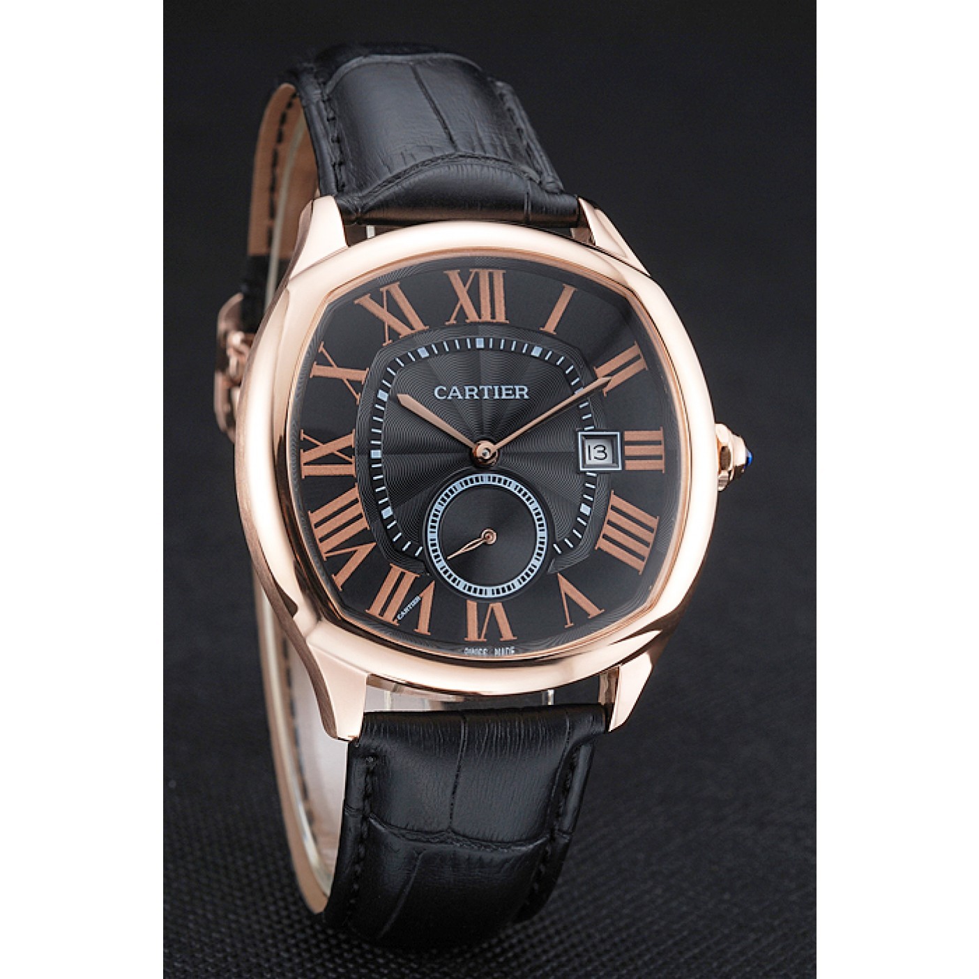 MiroTime Cartier Drive De Cartier Black Dial Gold Case Black Leather Bracelet 1454214