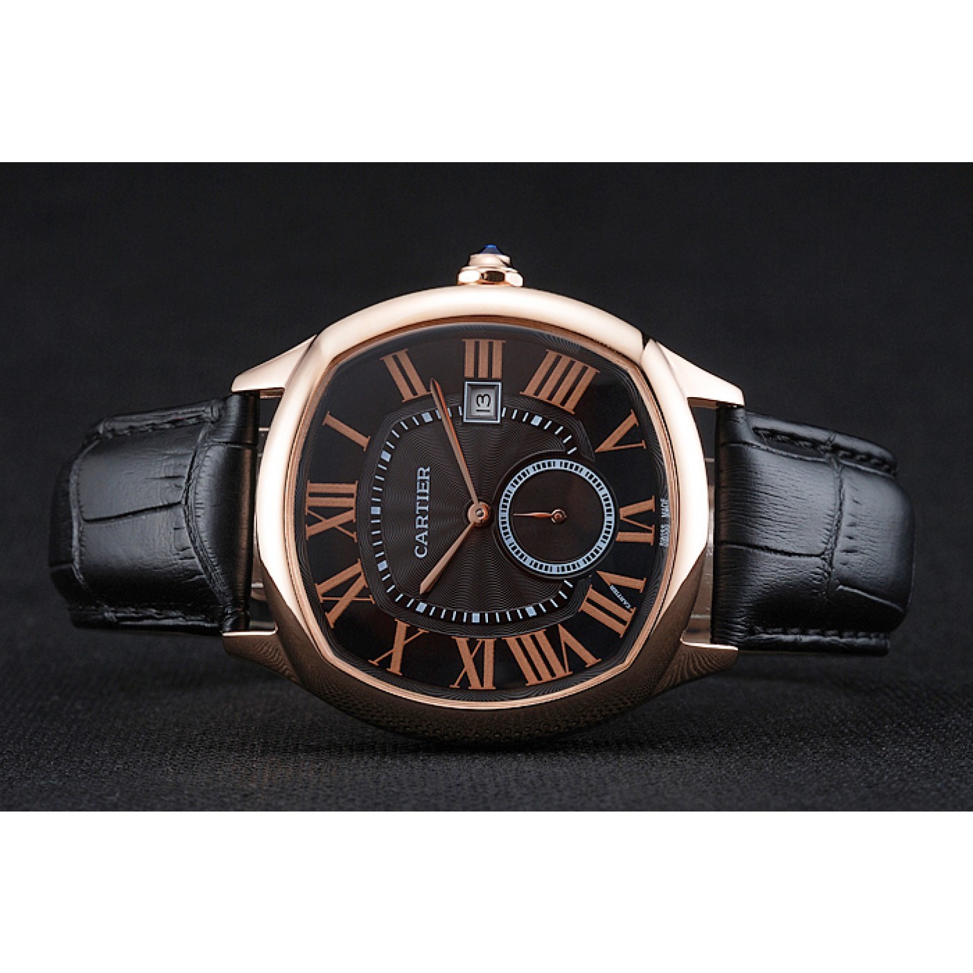 MiroTime Cartier Drive De Cartier Black Dial Gold Case Black Leather Bracelet 1454214