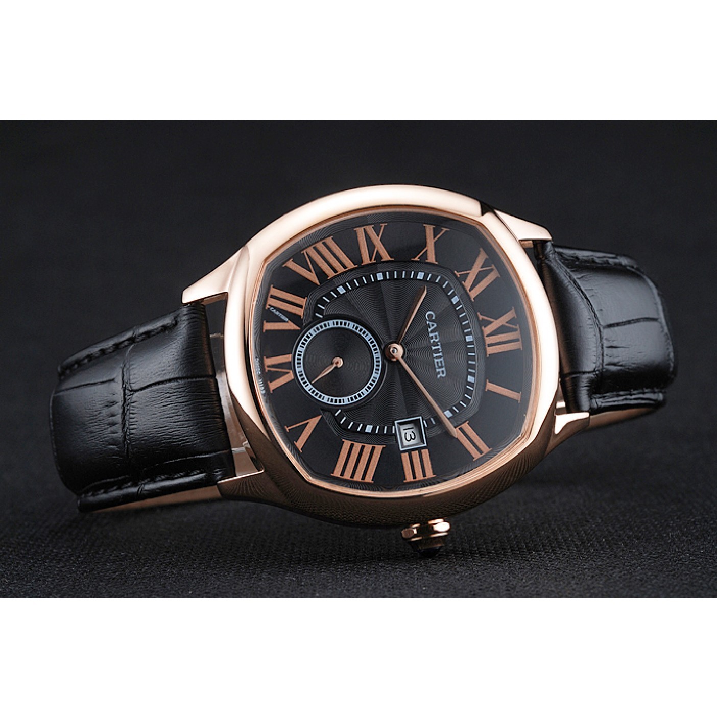 MiroTime Cartier Drive De Cartier Black Dial Gold Case Black Leather Bracelet 1454214