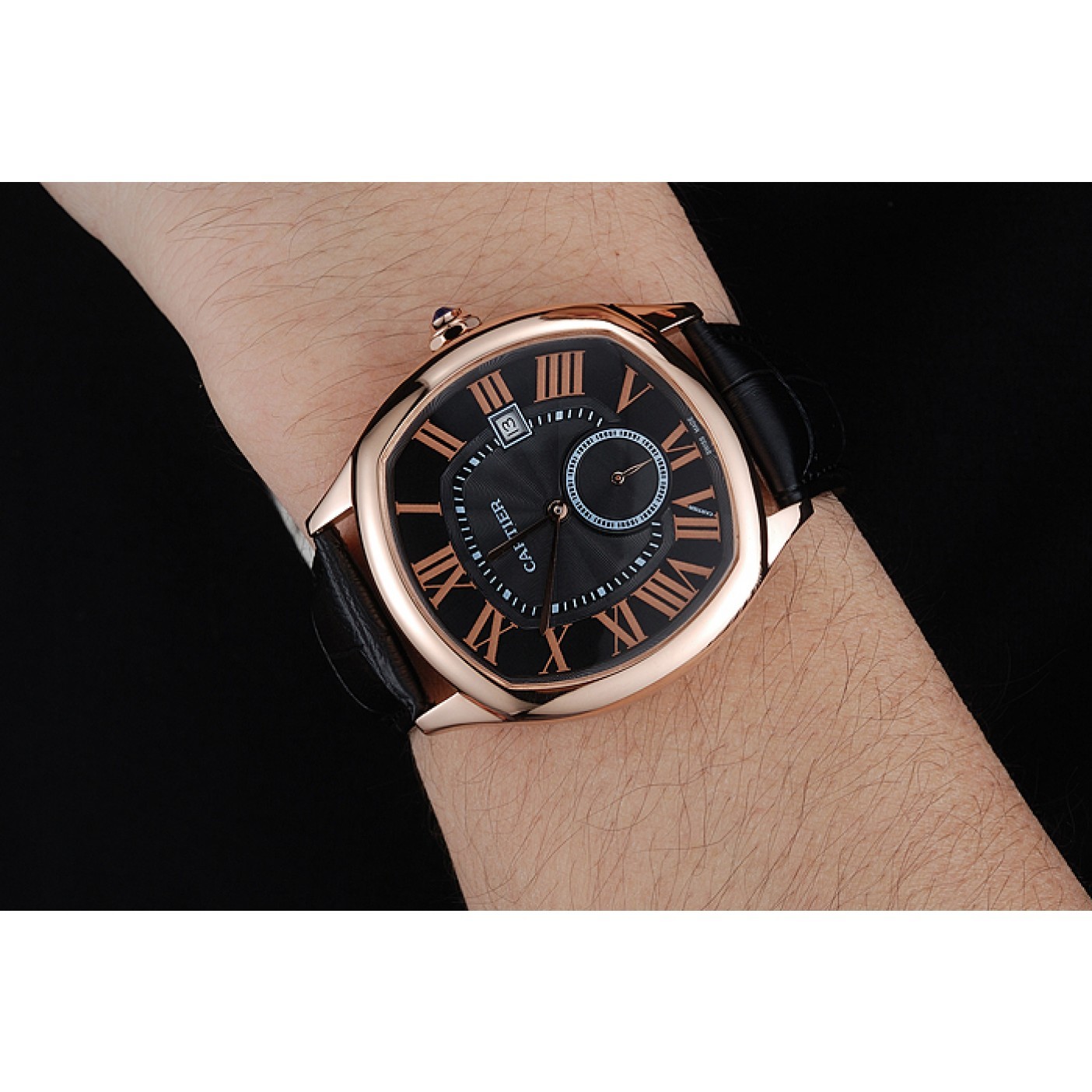 MiroTime Cartier Drive De Cartier Black Dial Gold Case Black Leather Bracelet 1454214