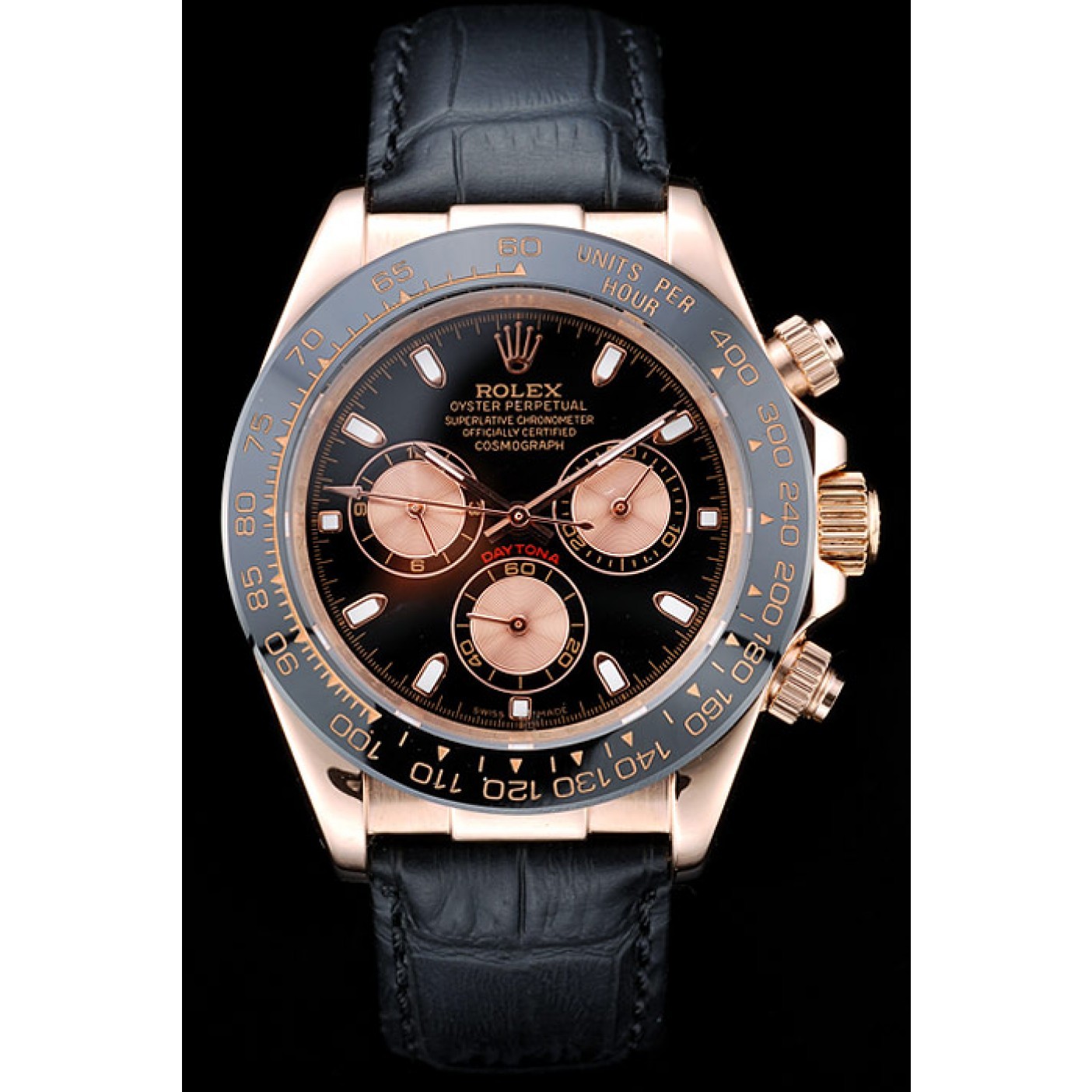 MiroTime Rolex Daytona Rose Gold Case Black Dial Black Leather Strap