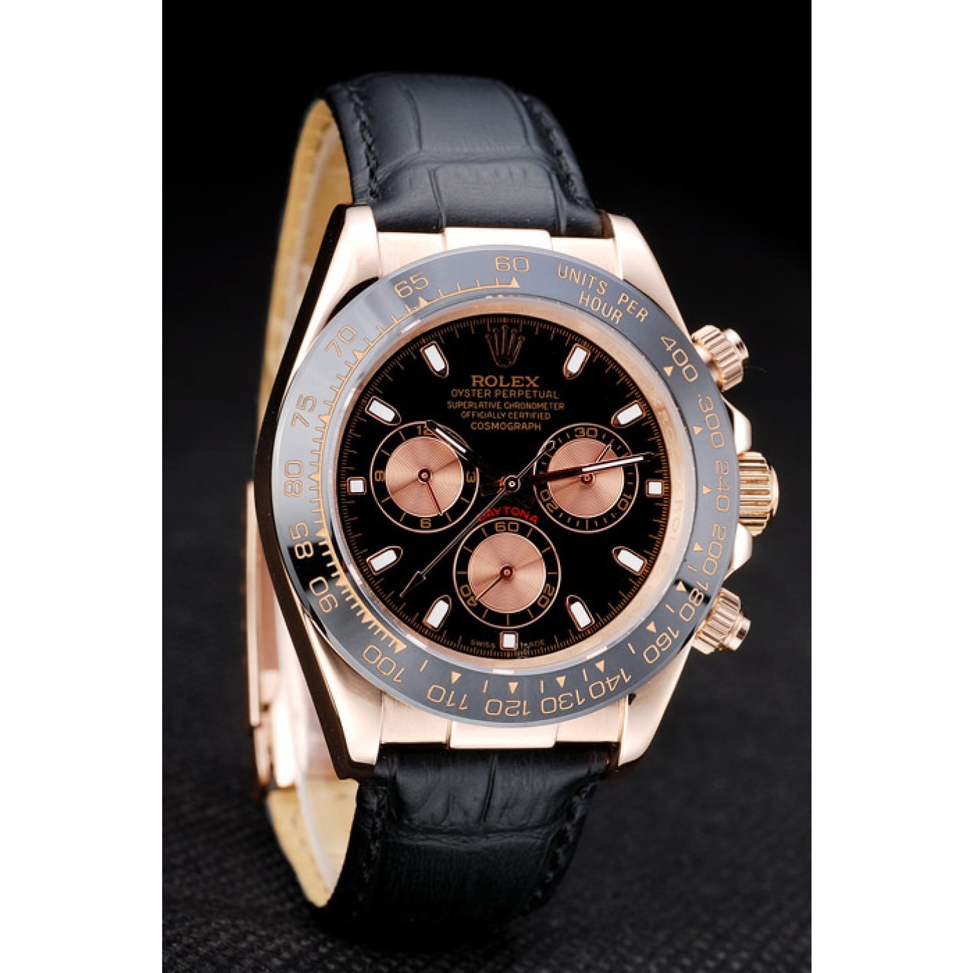 MiroTime Rolex Daytona Rose Gold Case Black Dial Black Leather Strap
