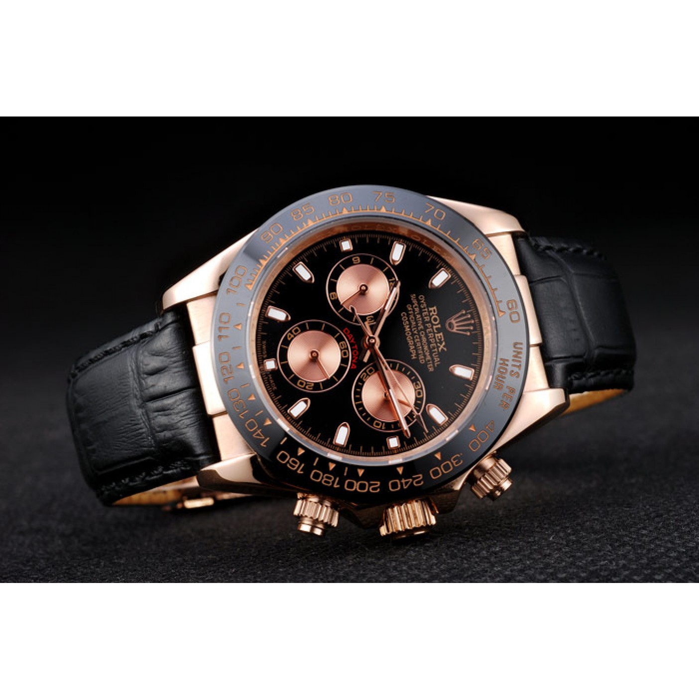 MiroTime Rolex Daytona Rose Gold Case Black Dial Black Leather Strap