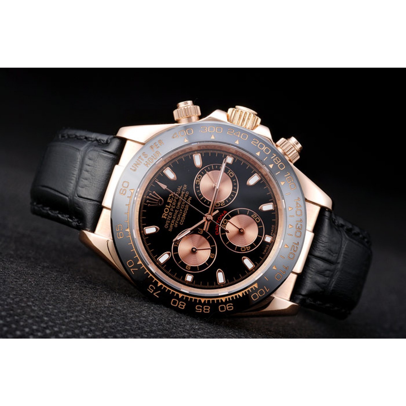 MiroTime Rolex Daytona Rose Gold Case Black Dial Black Leather Strap