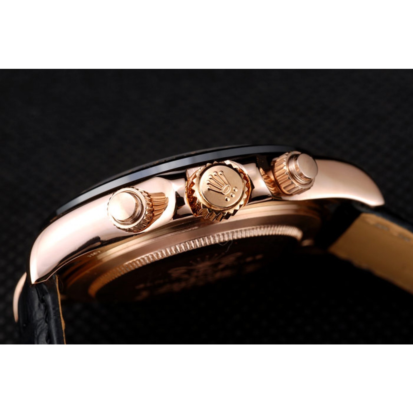 MiroTime Rolex Daytona Rose Gold Case Black Dial Black Leather Strap