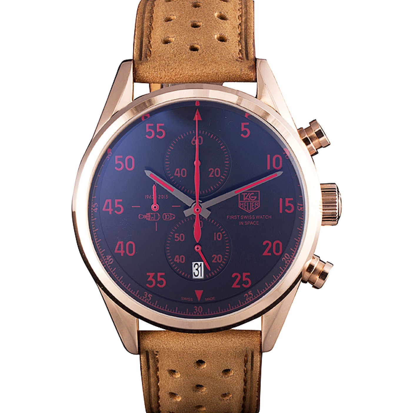 MiroTime Tag Heuer Carrera SpaceX Rose Gold Bezel with Black Dial and Light Brown Leather Strap 621532