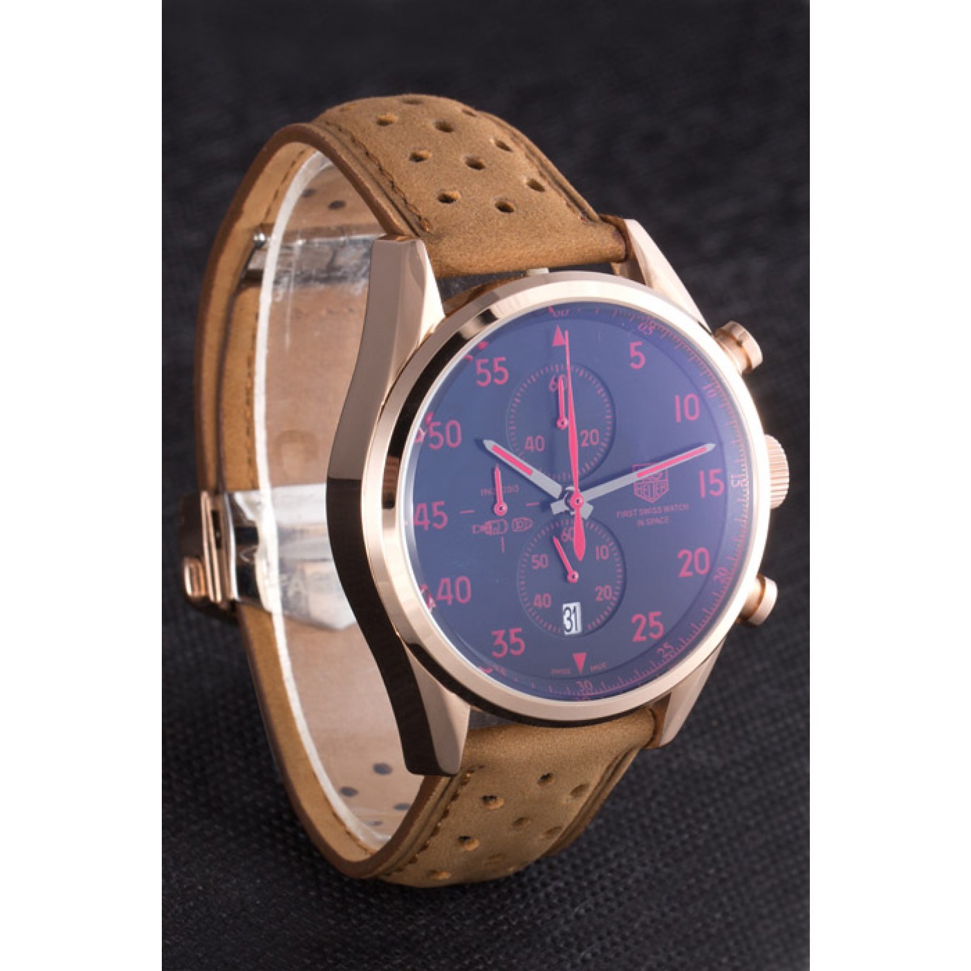 MiroTime Tag Heuer Carrera SpaceX Rose Gold Bezel with Black Dial and Light Brown Leather Strap 621532