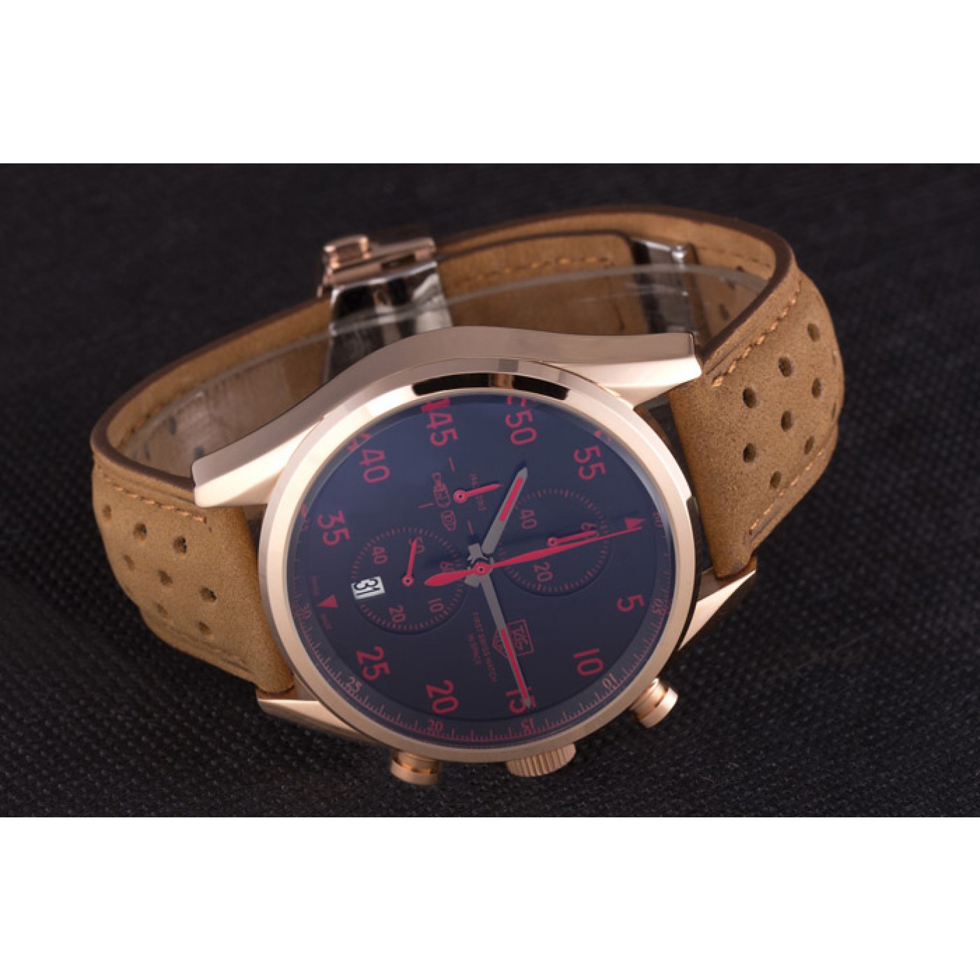 MiroTime Tag Heuer Carrera SpaceX Rose Gold Bezel with Black Dial and Light Brown Leather Strap 621532