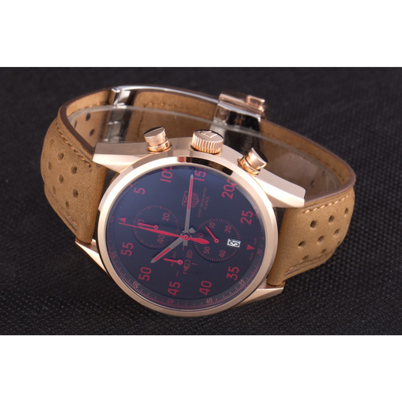 MiroTime Tag Heuer Carrera SpaceX Rose Gold Bezel with Black Dial and Light Brown Leather Strap 621532