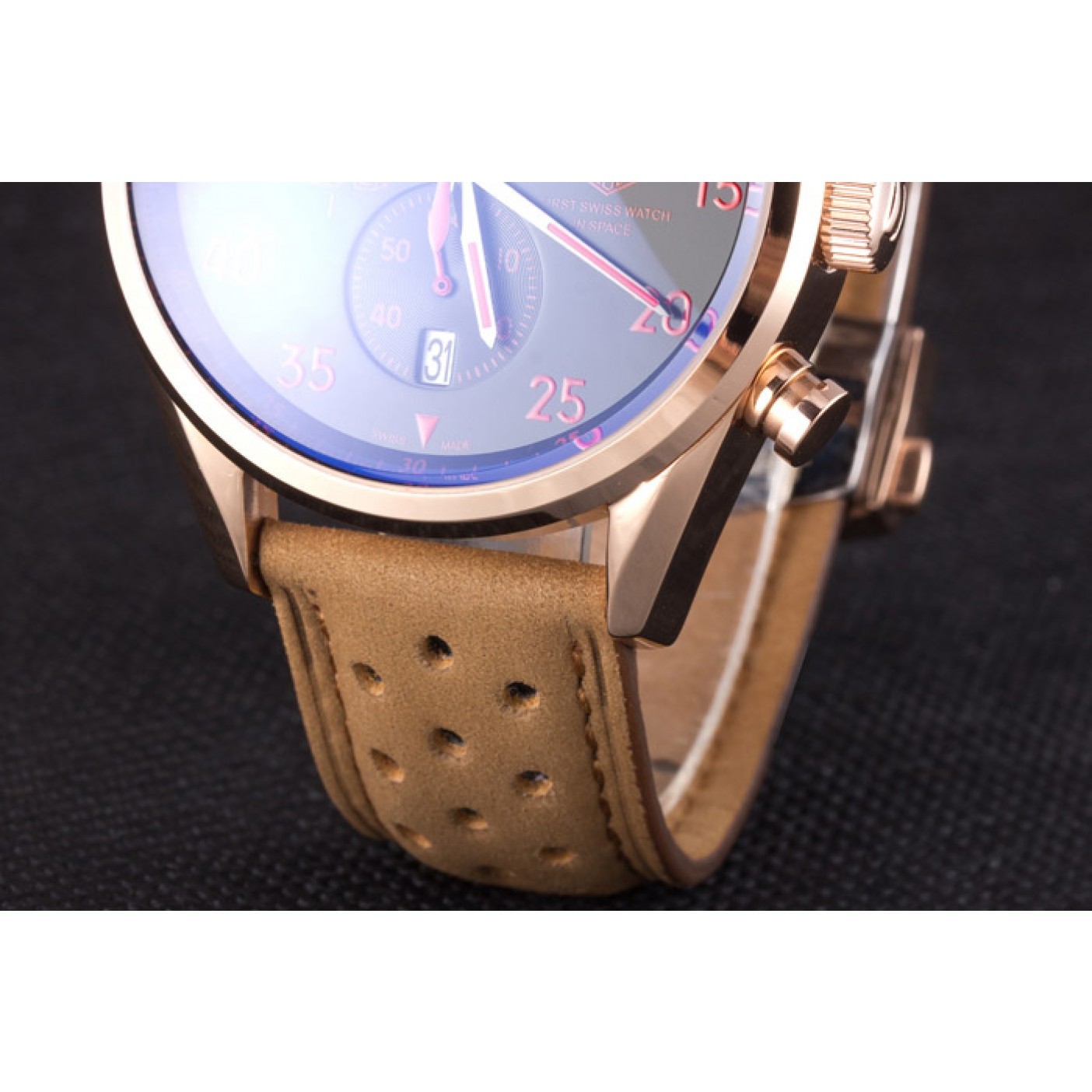 MiroTime Tag Heuer Carrera SpaceX Rose Gold Bezel with Black Dial and Light Brown Leather Strap 621532