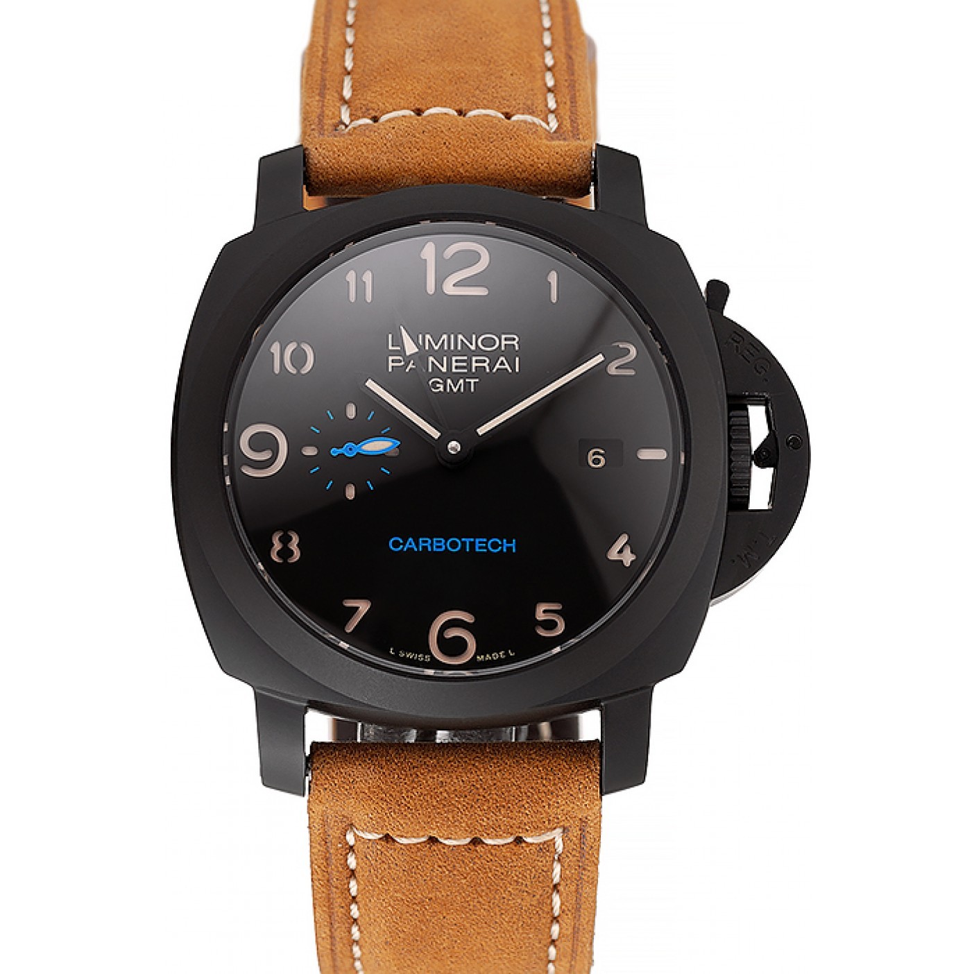 MiroTime Swiss Panerai Luminor GMT Carbotech Black Dial Black Case Brown Leather Strap