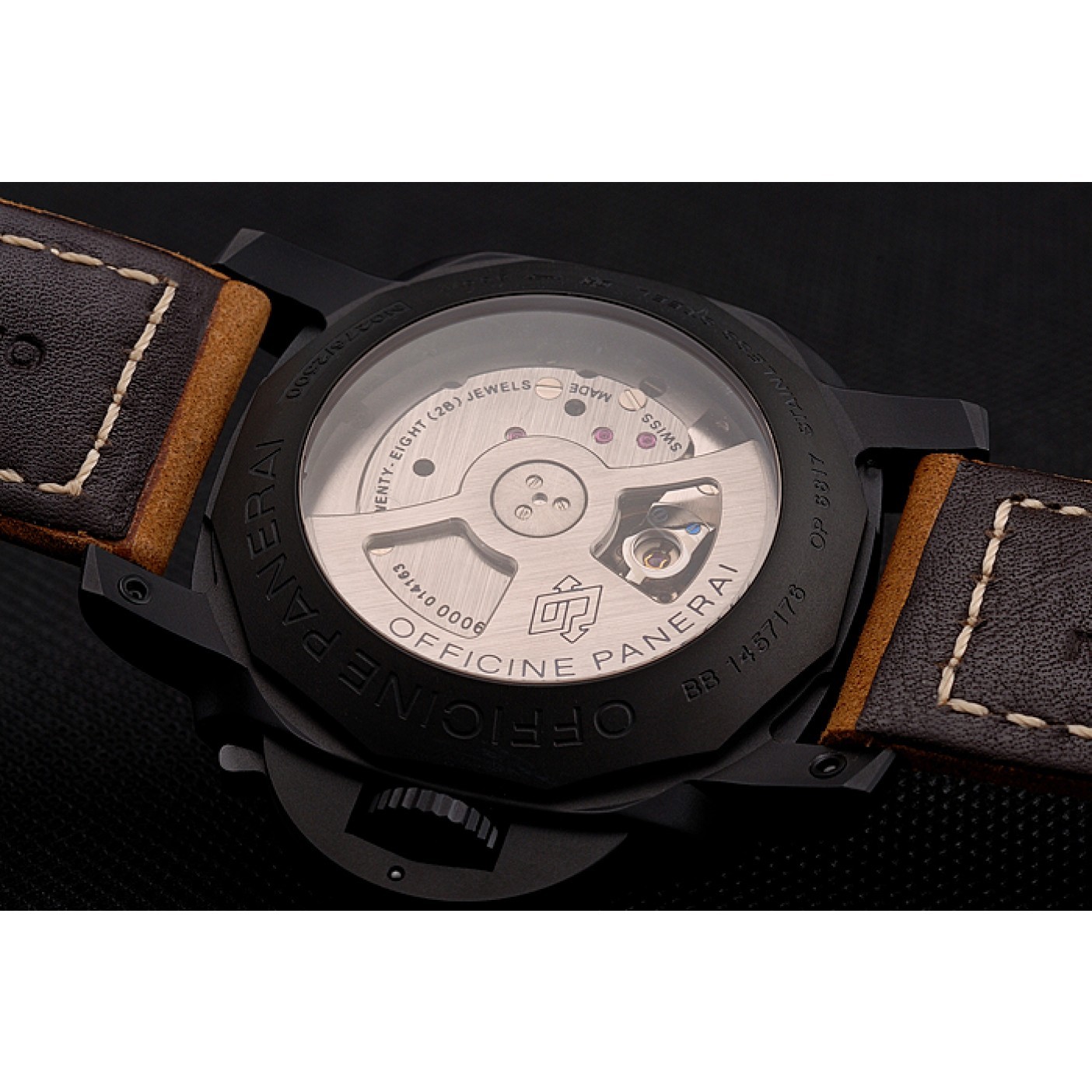 MiroTime Swiss Panerai Luminor GMT Carbotech Black Dial Black Case Brown Leather Strap