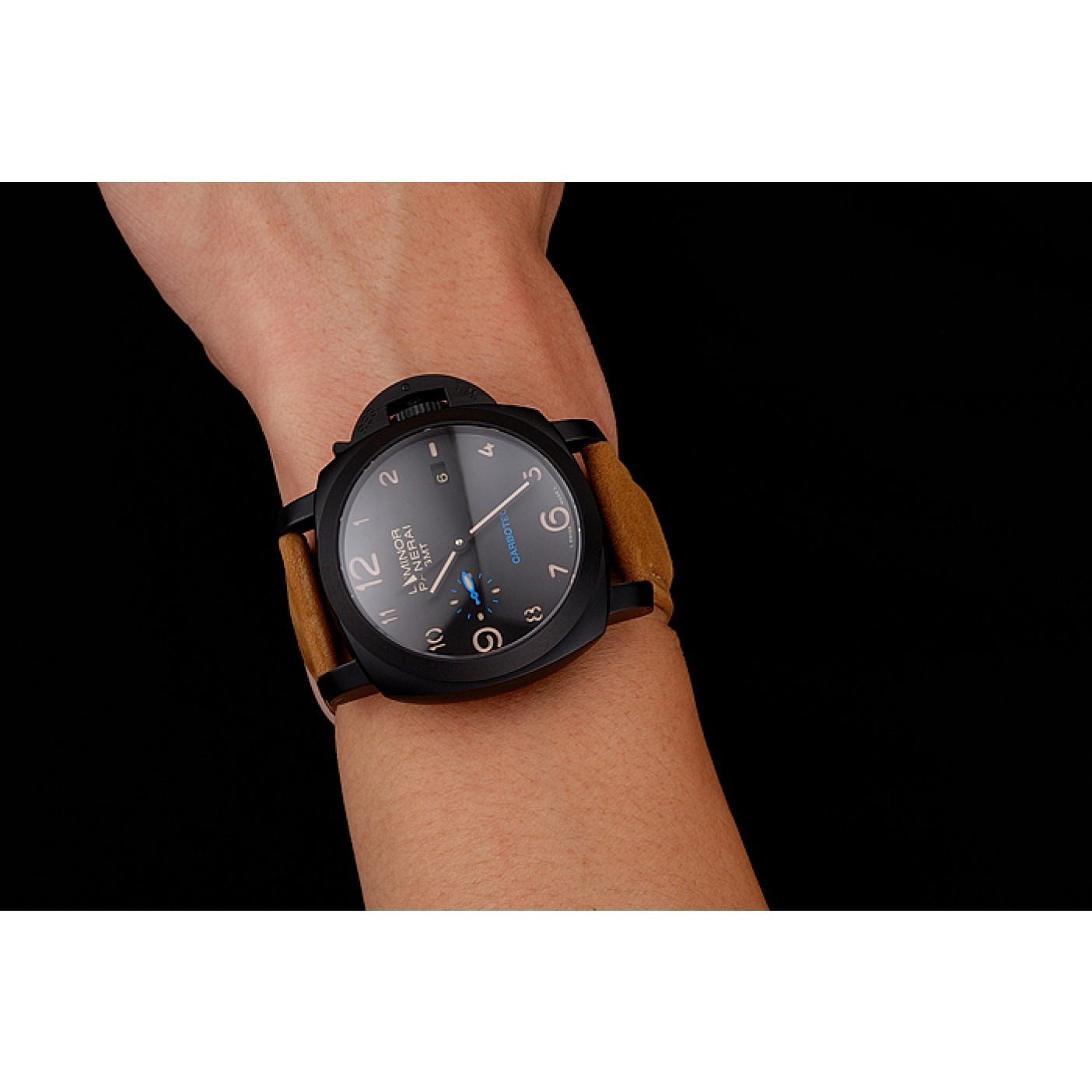 MiroTime Swiss Panerai Luminor GMT Carbotech Black Dial Black Case Brown Leather Strap