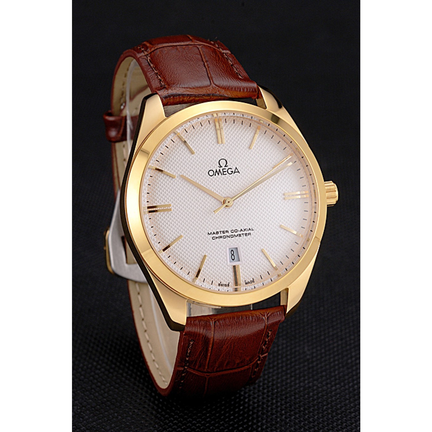 MiroTime Omega Tresor Master Co-Axial White Dial Gold Case Brown Leather Strap