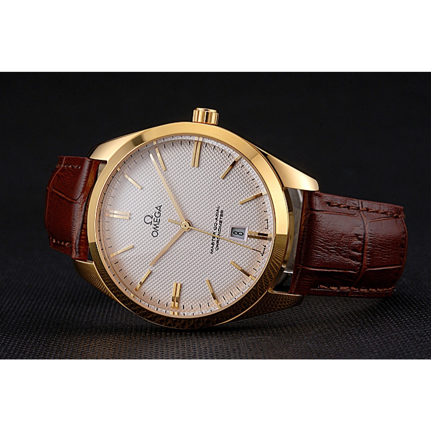 MiroTime Omega Tresor Master Co-Axial White Dial Gold Case Brown Leather Strap