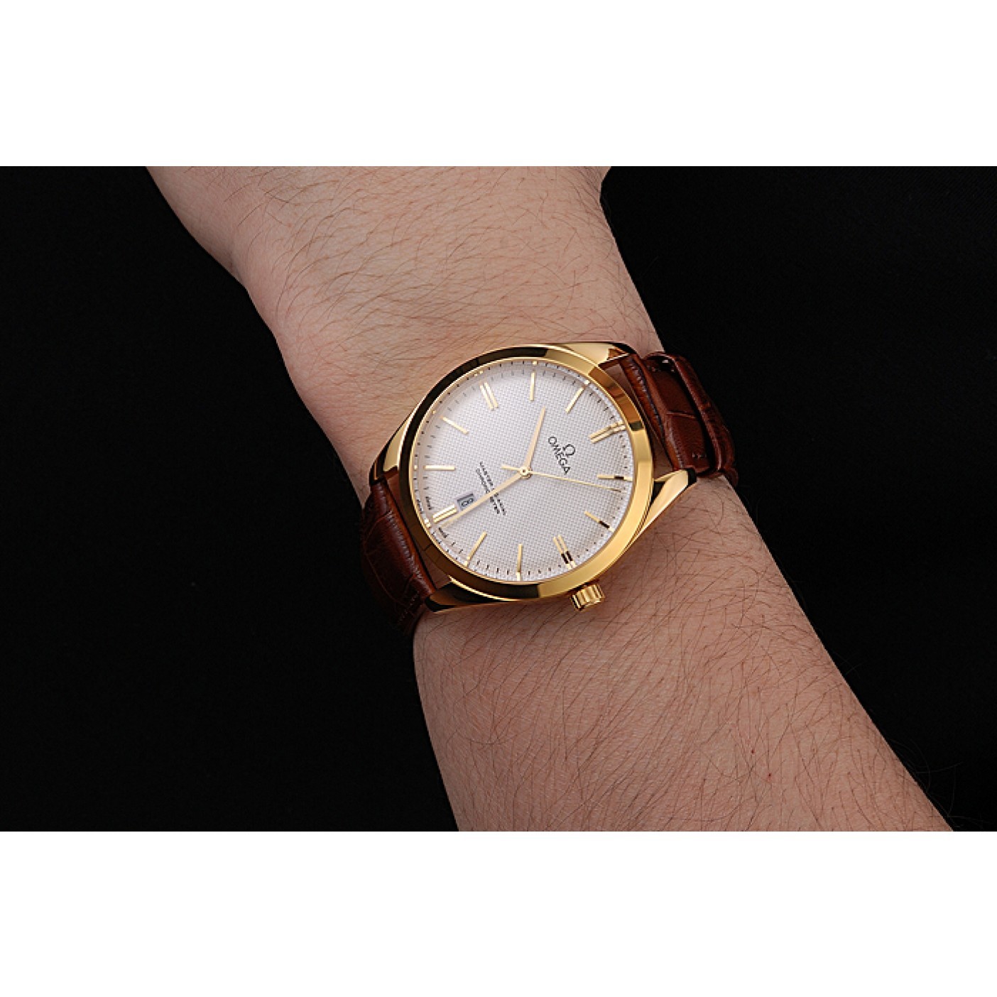MiroTime Omega Tresor Master Co-Axial White Dial Gold Case Brown Leather Strap