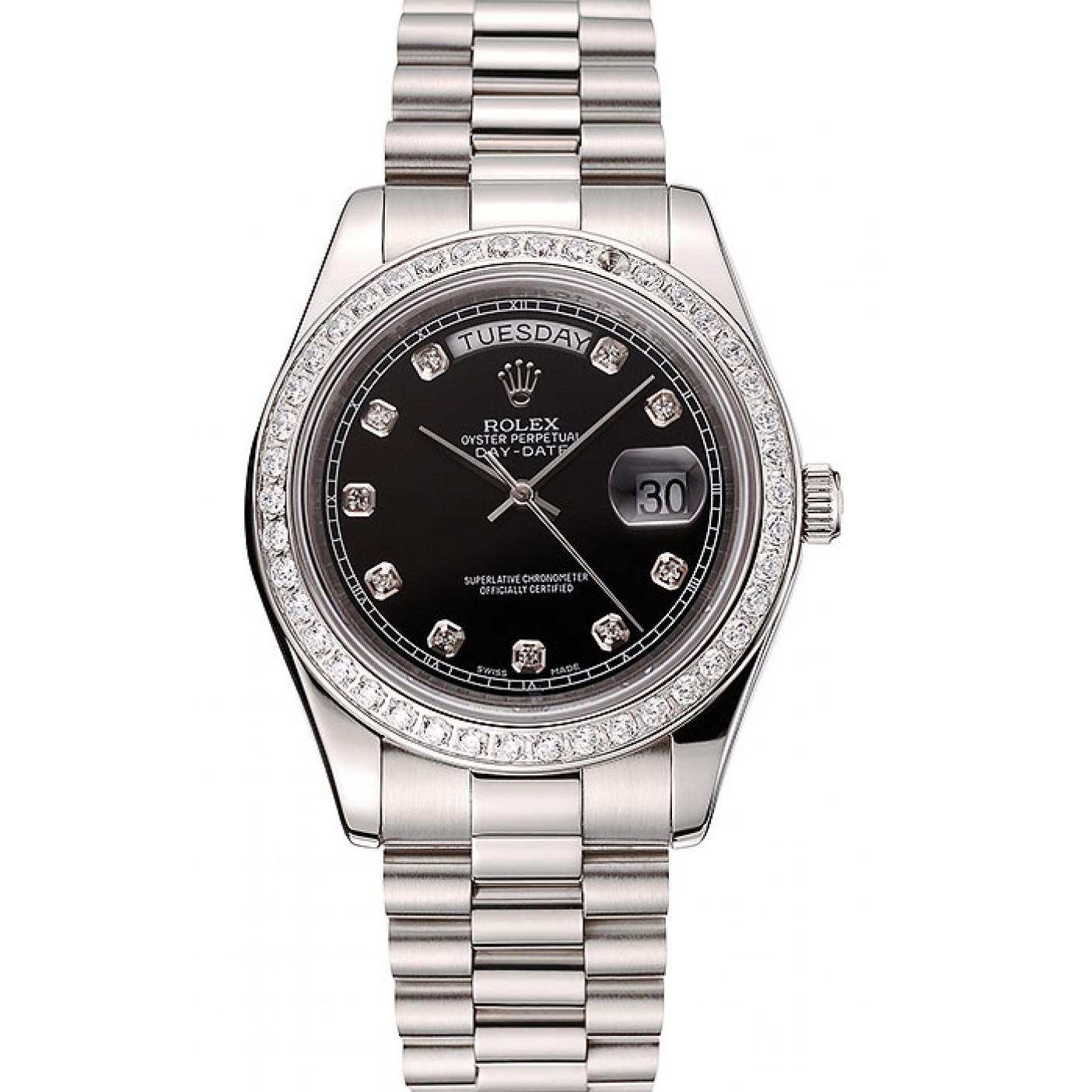 MiroTime Swiss Rolex Day-Date Black Dial Diamond Case Diamond Numerals Stainless Steel Bracelet 1453965