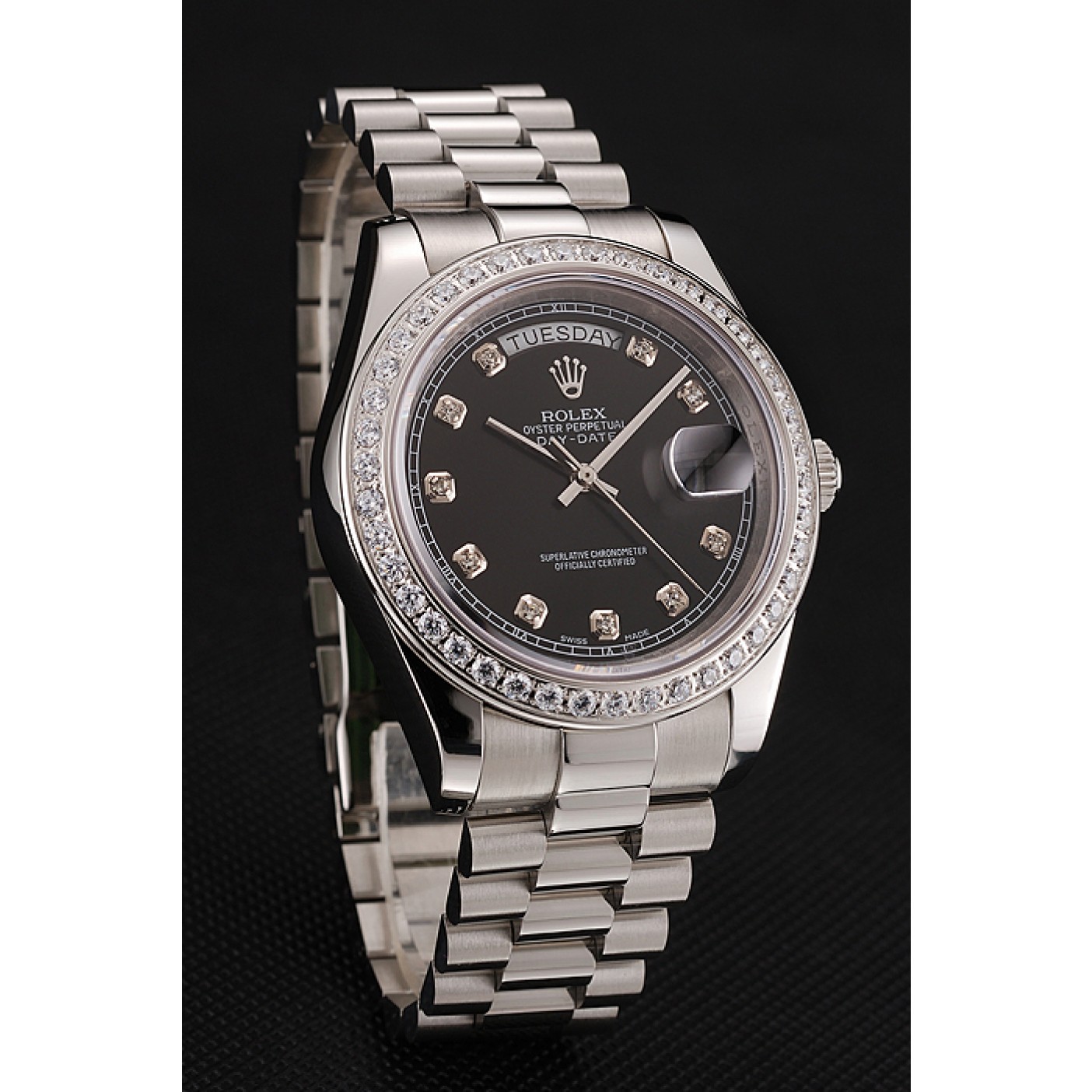 MiroTime Swiss Rolex Day-Date Black Dial Diamond Case Diamond Numerals Stainless Steel Bracelet 1453965